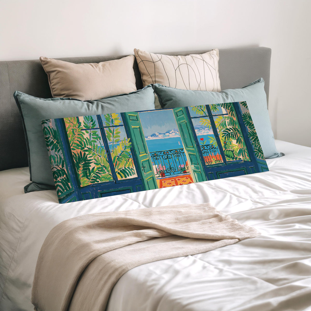 Riviera balcony view through open windows wide panoramic canvas print laid on a bed to show its size