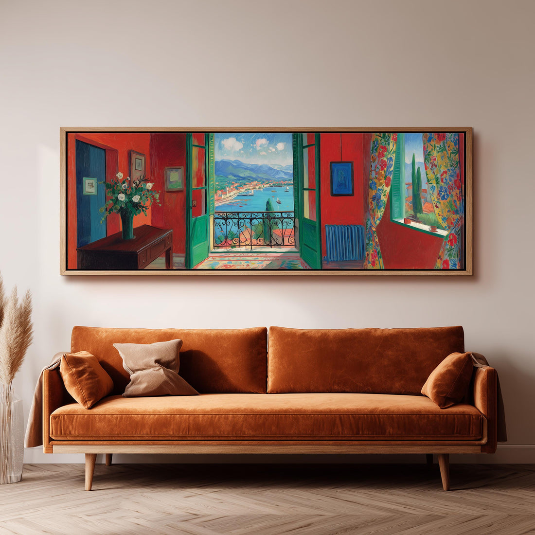 a dining room with a large, colorful painting hanging on the wall above a wooden table with four chairs. The painting depicts a scenic view of a balcony overlooking a town, with boats in the water.