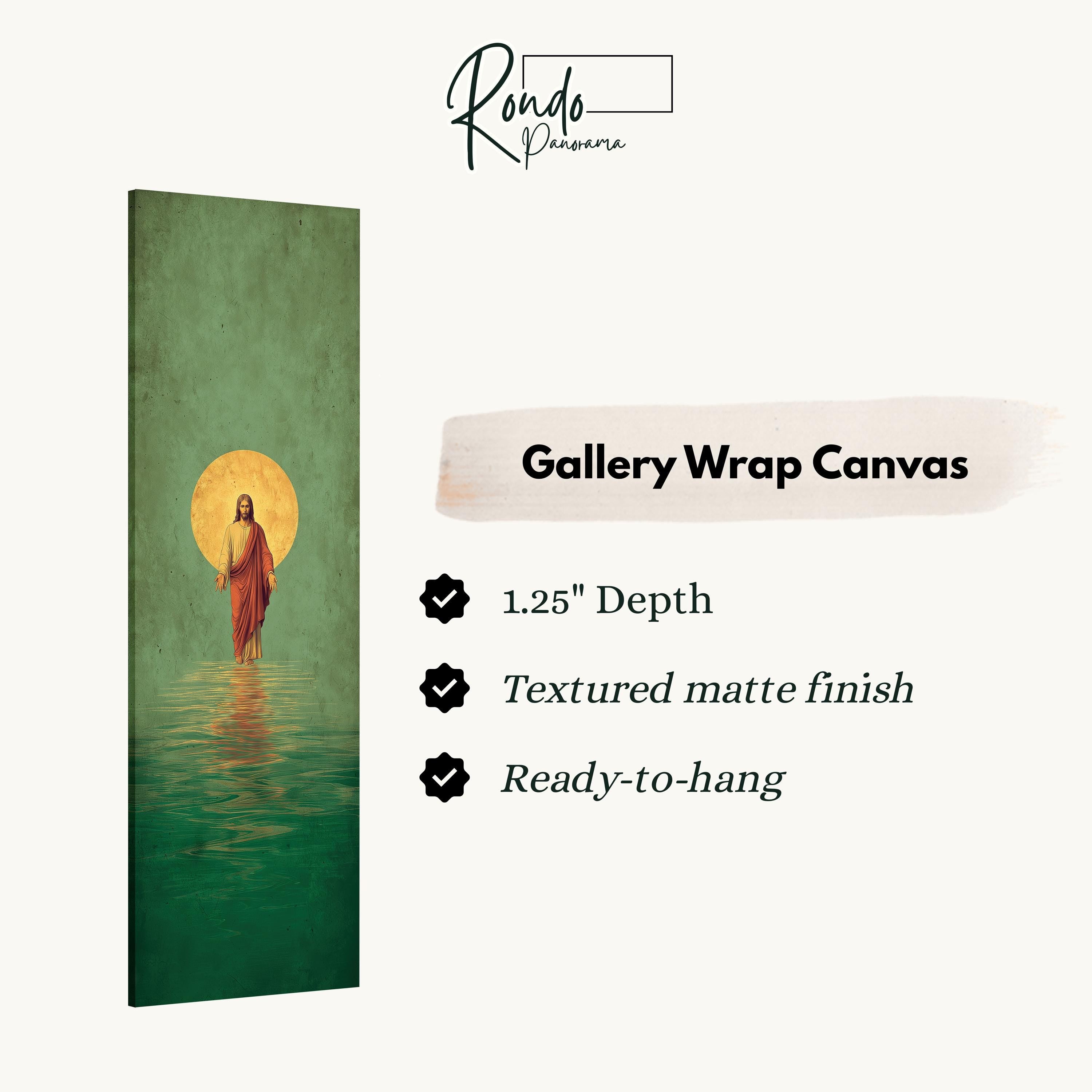 The image is a gallery wrap canvas featuring a painting of Jesus Christ walking on water.
