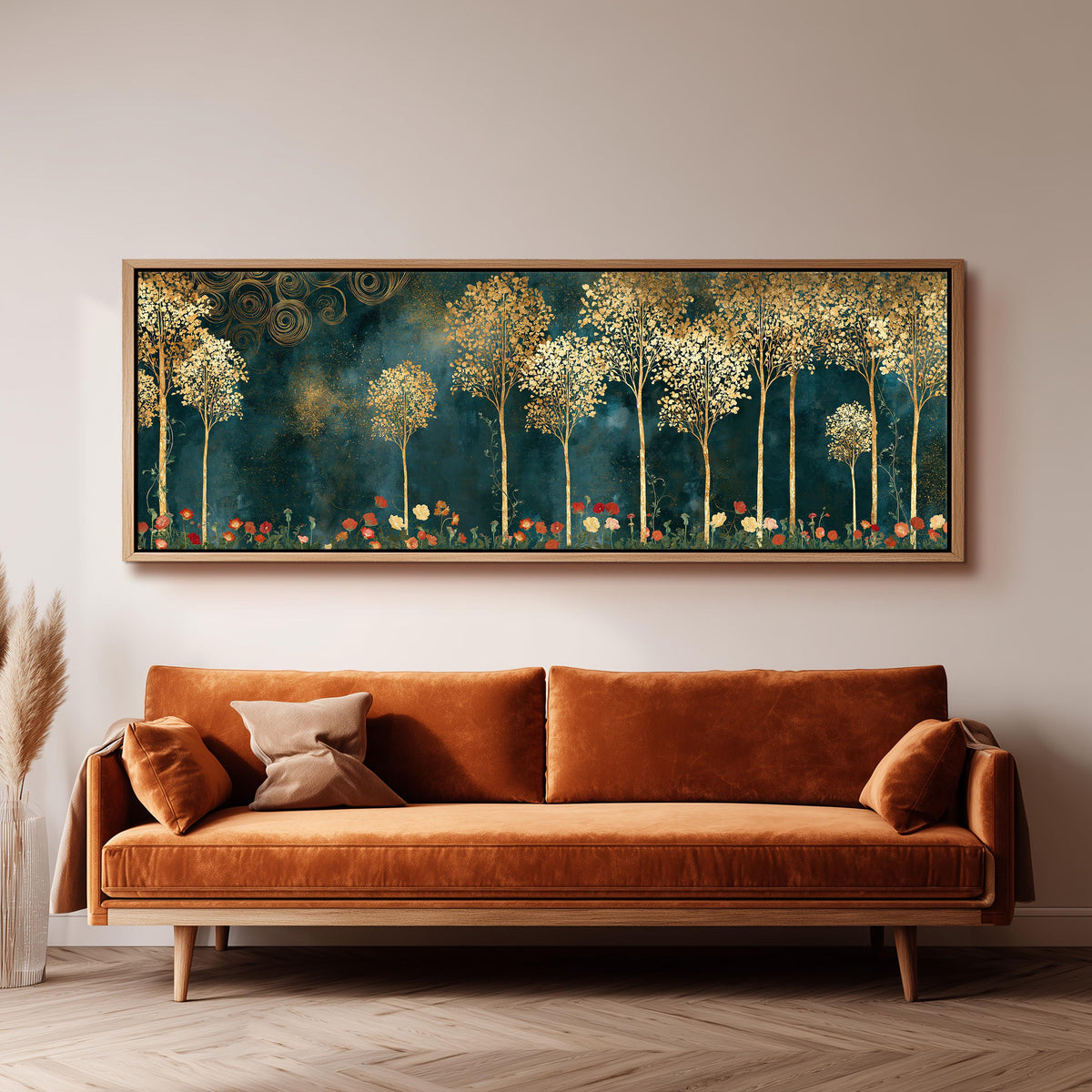 Gold leaf trees above red poppies on teal panoramic canvas print above a sofa in a living room