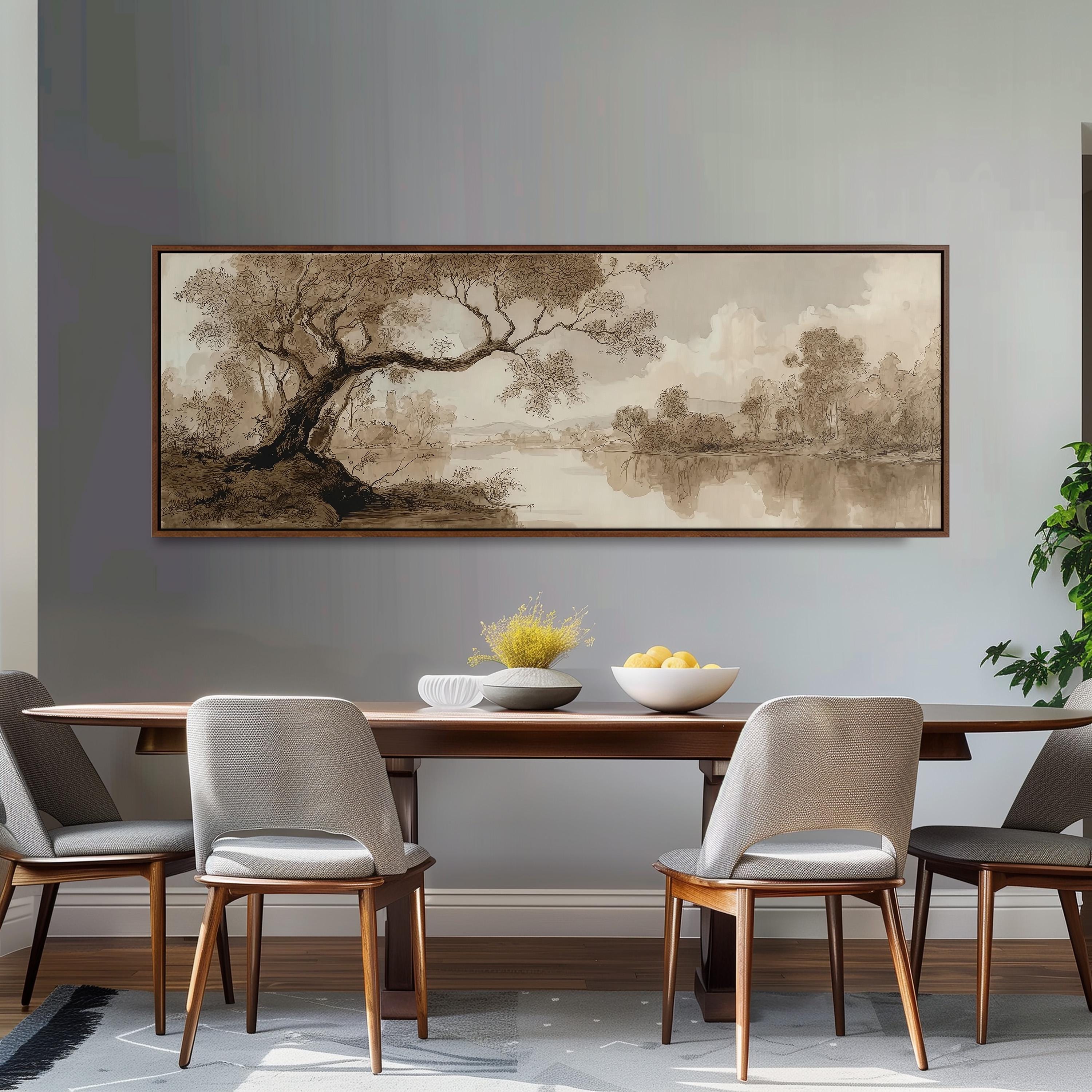 a dining room with a large painting of a tree and a landscape hanging on the wall above a wooden dining table with four chairs. The table is set with a bowl of fruit and a vase of flowers, creating a cozy and inviting atmosphere.