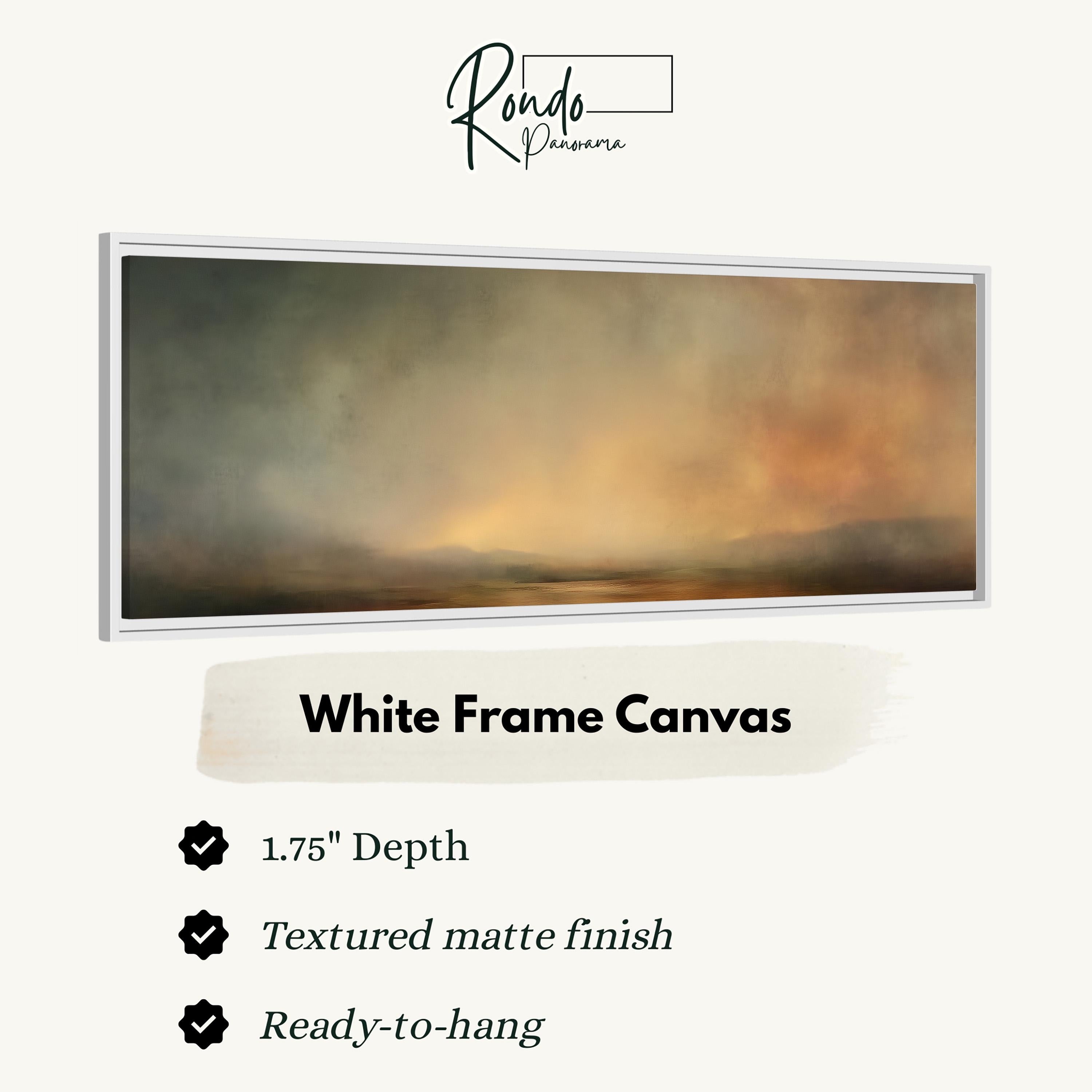 The image is a white frame canvas with a landscape painting depicting a cloudy sky and a body of water.