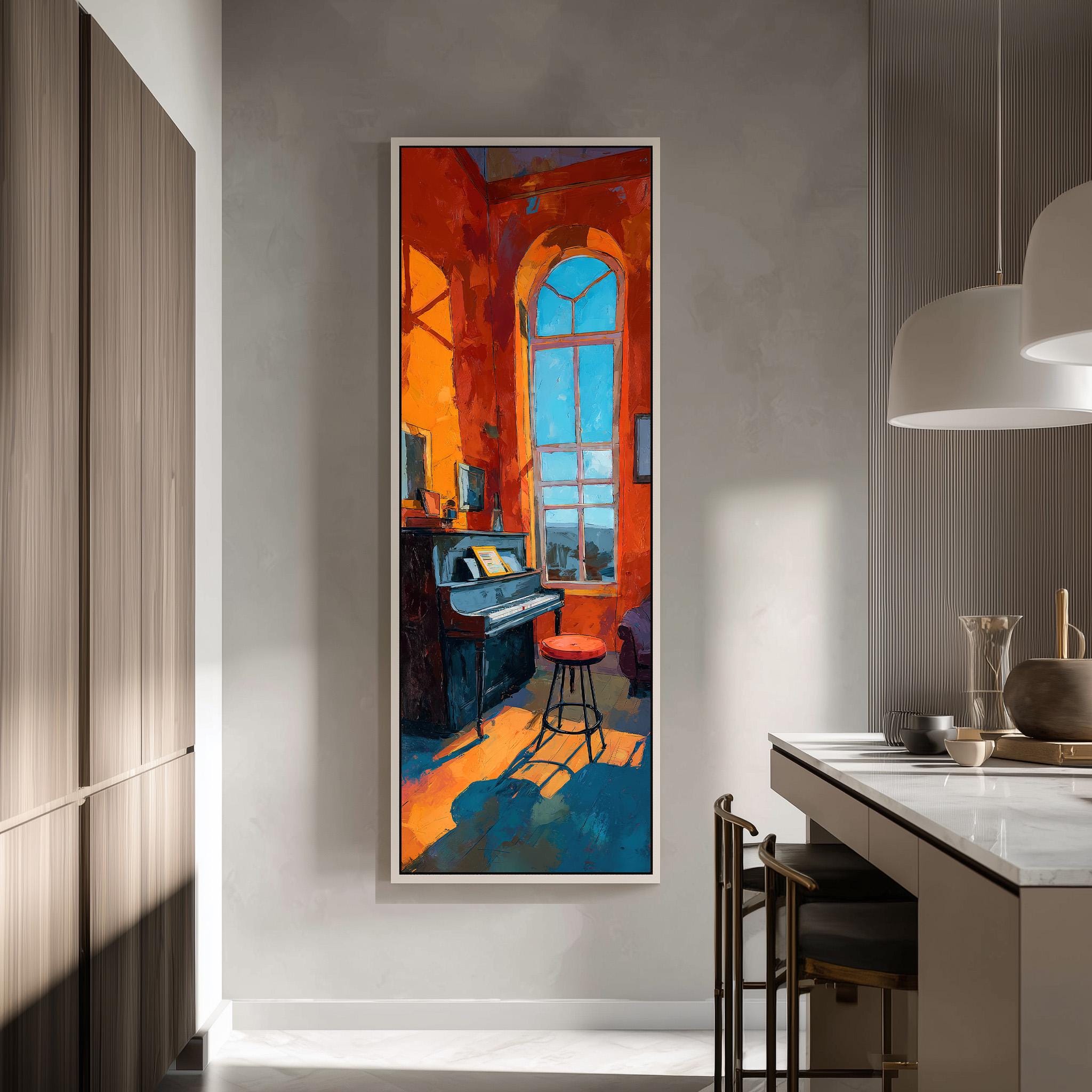 a large, colorful painting of a piano and a window in a room, hanging on a wall.