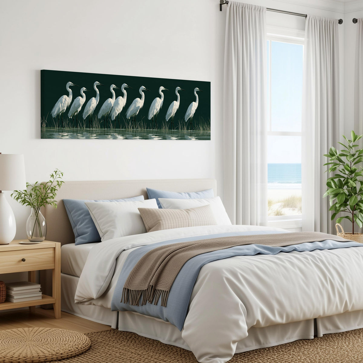 Row of white egrets on deep green panoramic canvas print above a bed in a coastal bedroom
