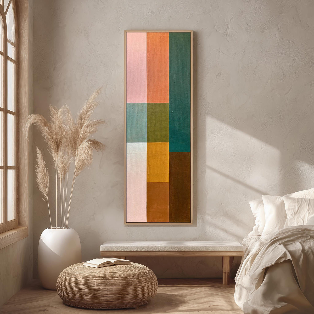 Pastel and earth tone color block grid long vertical canvas print in a bright reading corner