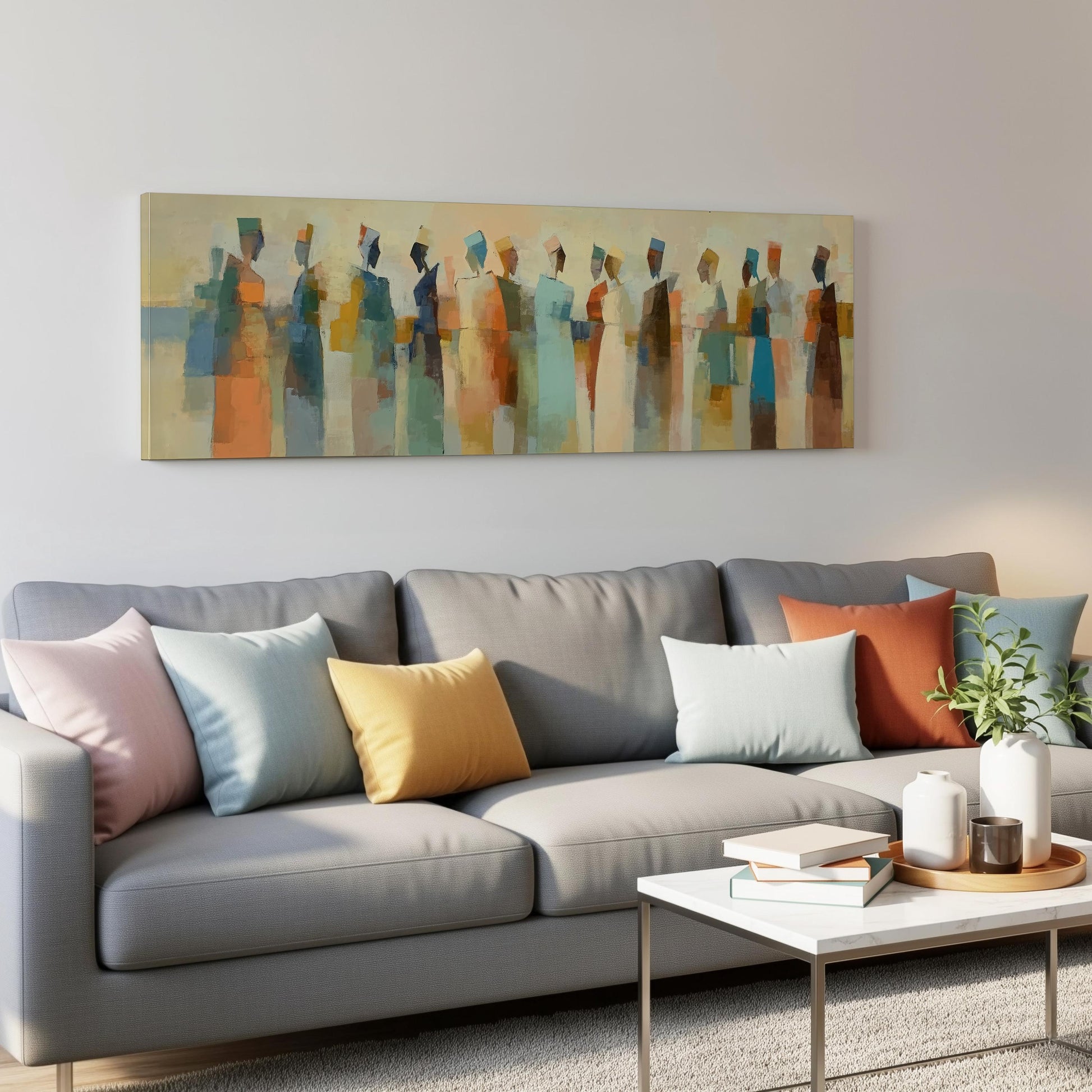 a modern living room with a gray sofa adorned with colorful throw pillows. Above the sofa, there is a large abstract painting depicting a group of stylized human figures in various colors. The room also includes a coffee table with books and a plant, creating a cozy and inviting atmosphere.
