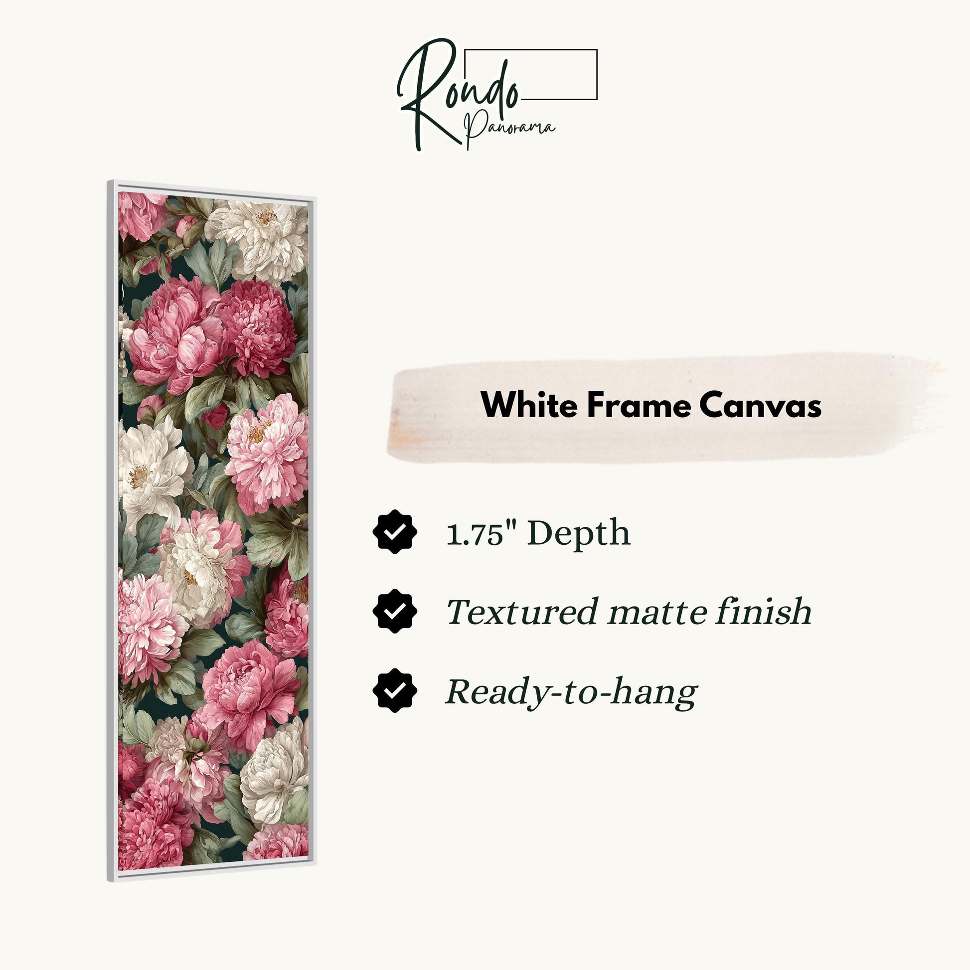 a white frame canvas with a floral design of pink and white flowers. The frame has a 1.75" depth and is textured with a matte finish, making it ready to hang.