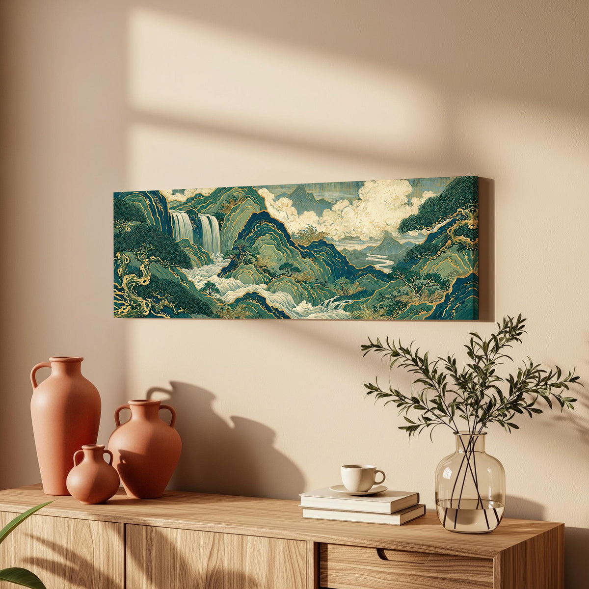 Emerald waterfall mountains with gold lines long horizontal canvas print above a wooden sideboard