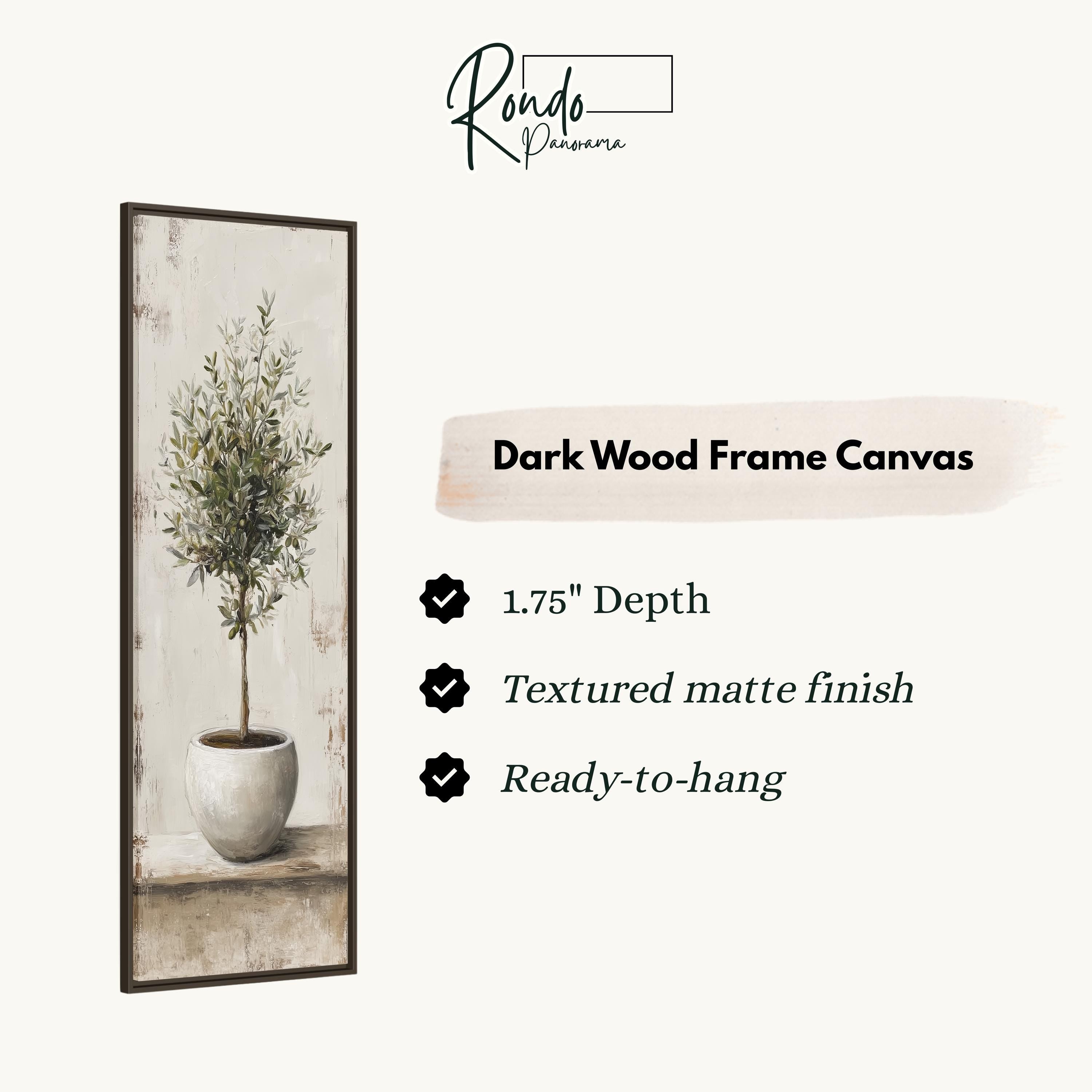 The image is a dark wood frame canvas featuring a potted olive tree.