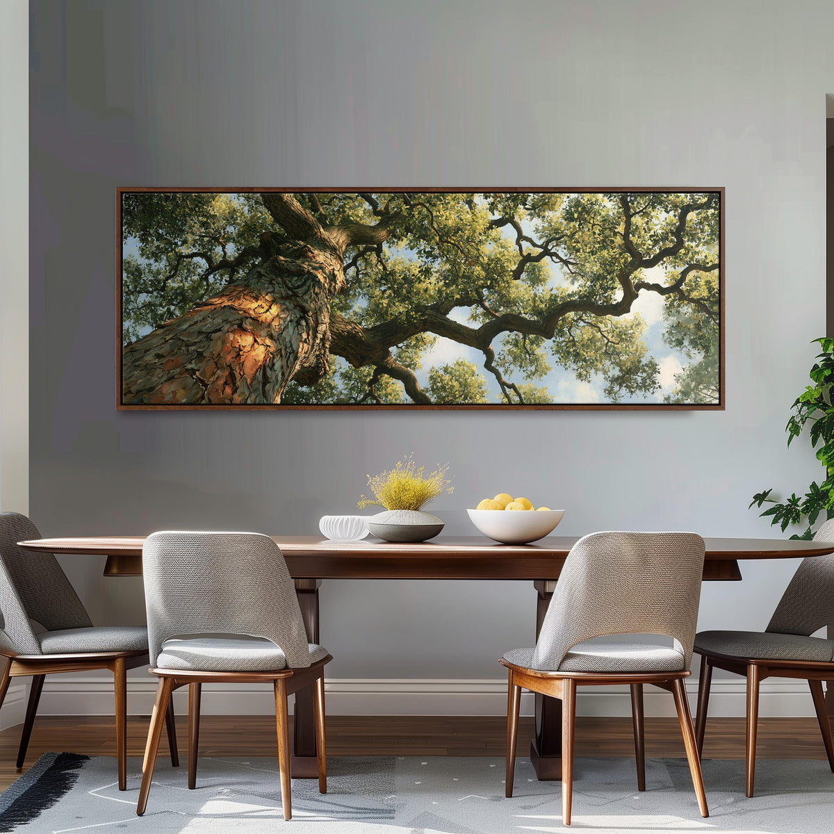 Ancient oak trunk and branches seen from below long horizontal canvas print above a dining table