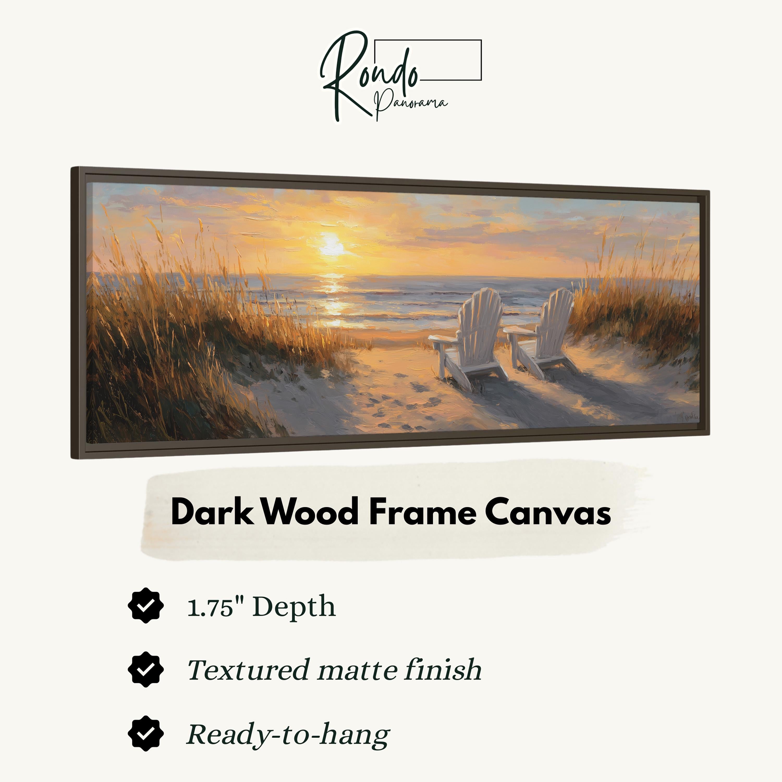 The image is a framed painting depicting a serene beach scene with two white chairs facing the ocean at sunset.