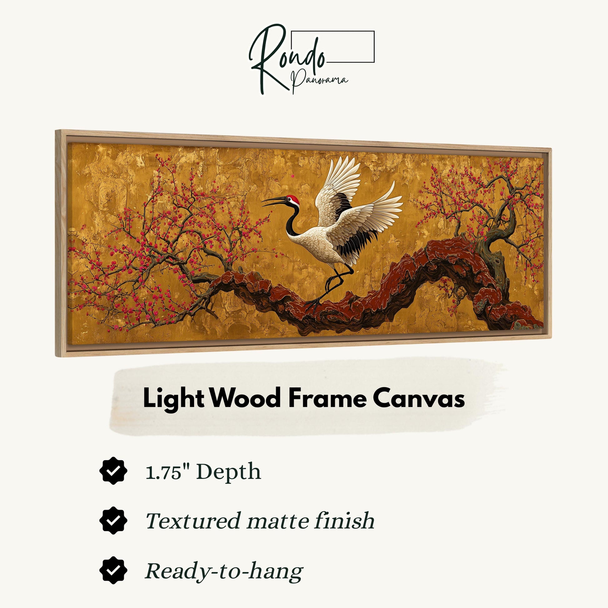 a light wood frame canvas depicting a crane in flight over a tree with red berries.