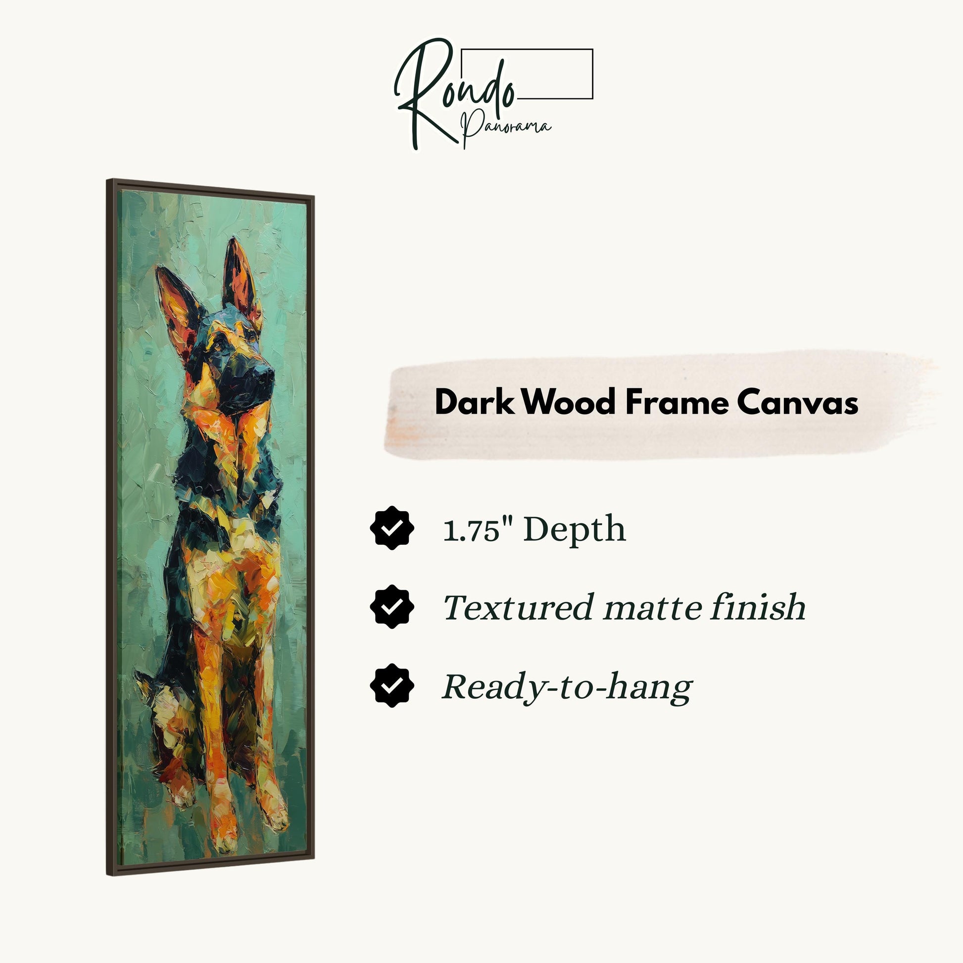 The image is a dark wood frame canvas featuring a painting of a German Shepherd dog.