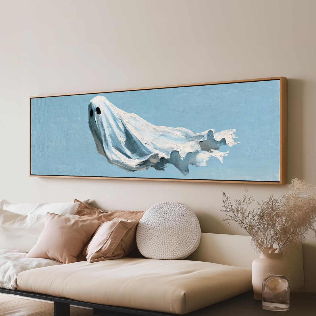 Drifting ghost spirit long horizontal canvas print above a sofa in a living room