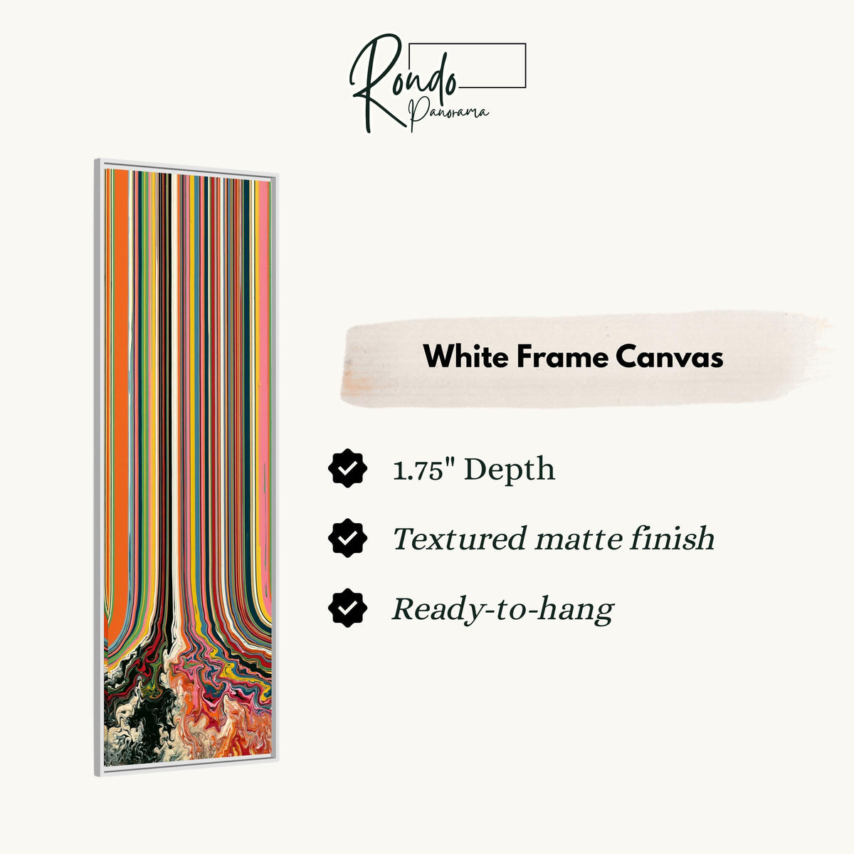 Rainbow stripes melting into swirls canvas print in a white floating frame