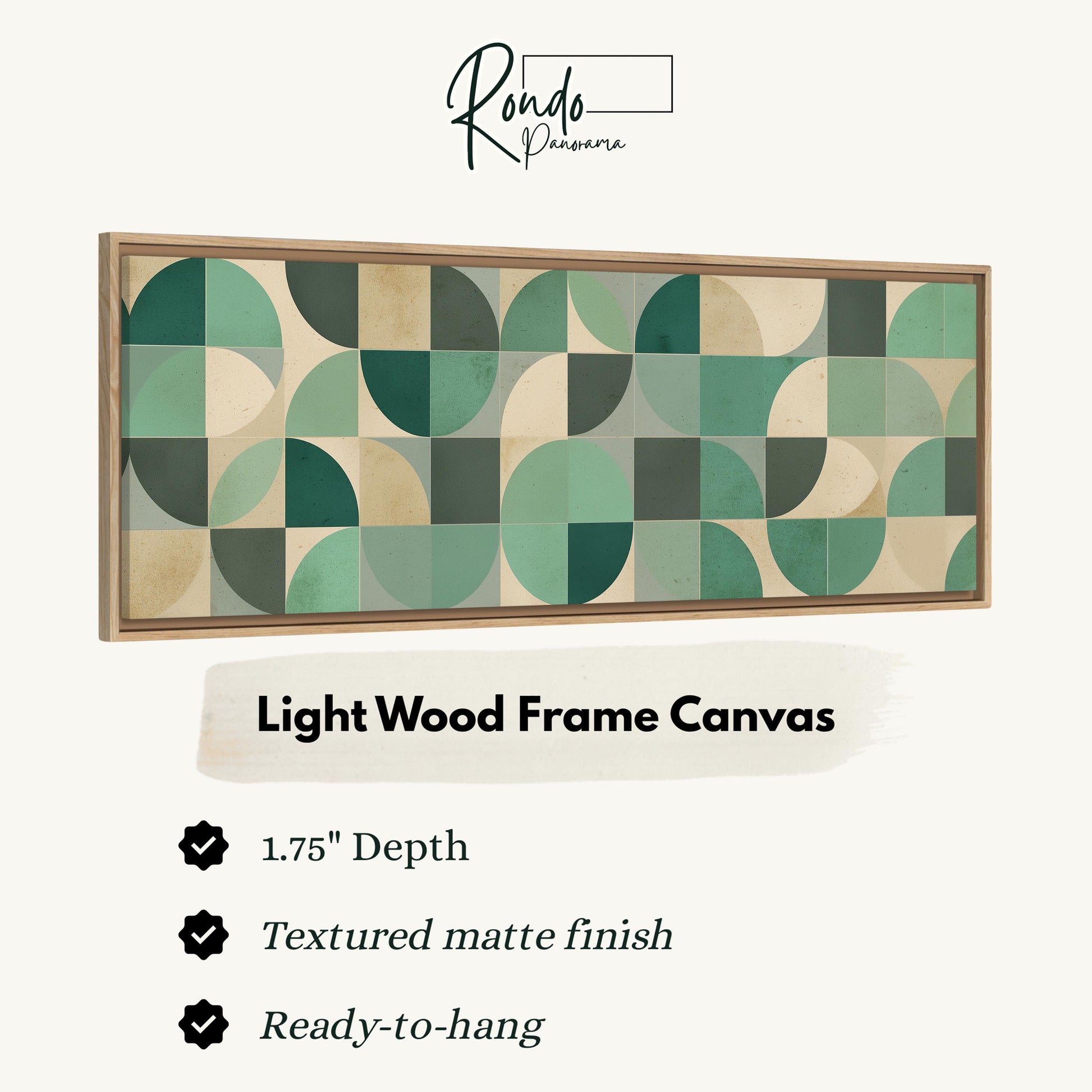 The image is a product advertisement for a light wood frame canvas. It features a geometric pattern of circles and shades of green and beige. The advertisement highlights the canvas's 1.75" depth, textured matte finish, and ready-to-hang feature.
