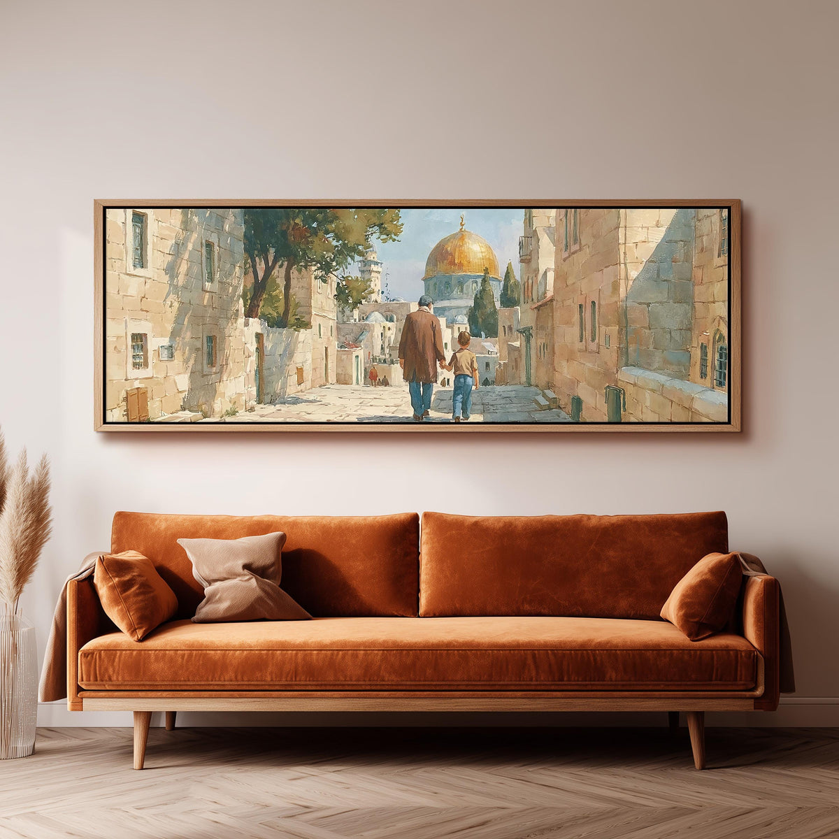 Jerusalem old city street with the golden dome panoramic canvas print above a sofa in a living room