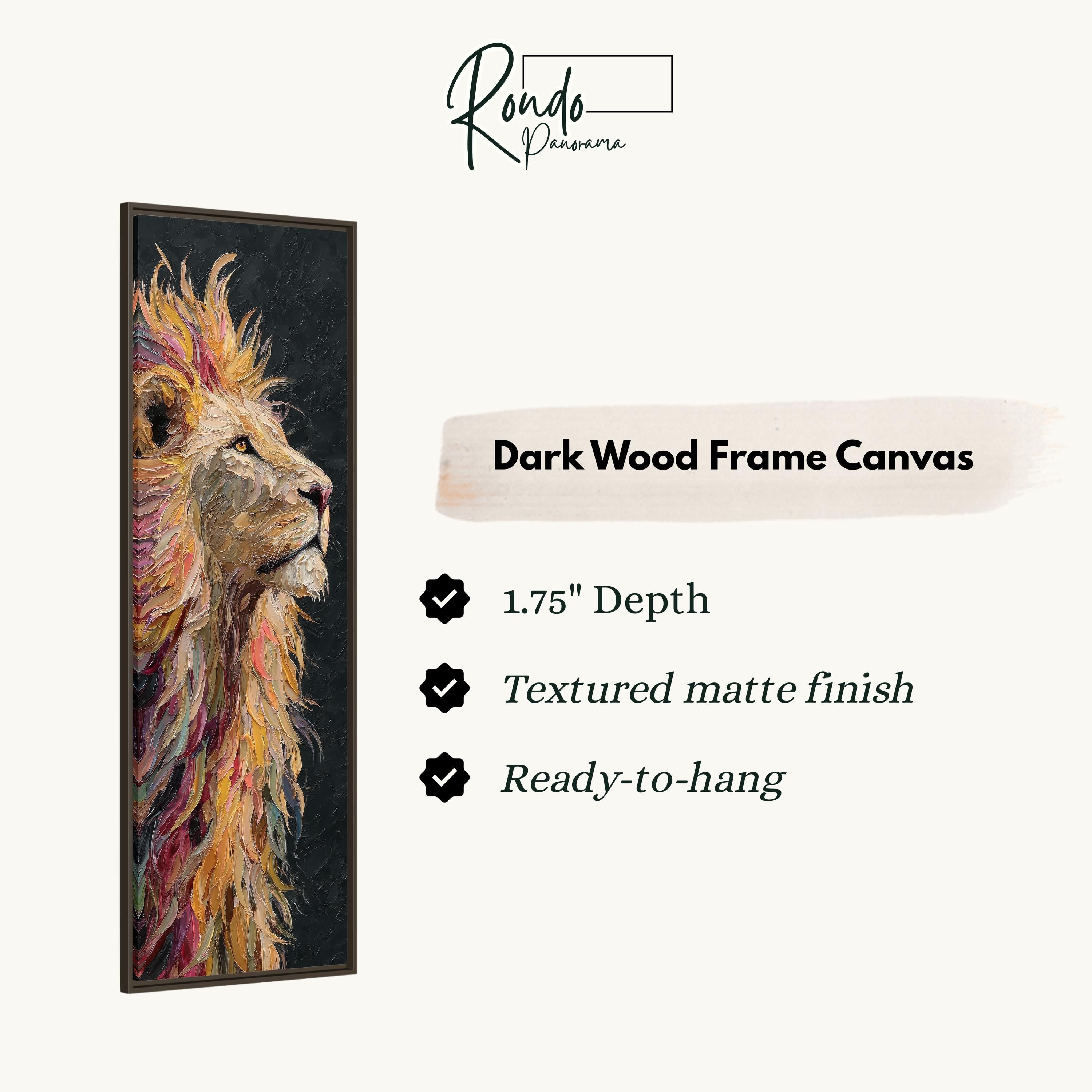 The image is a dark wood frame canvas featuring a close-up of a lion's head.