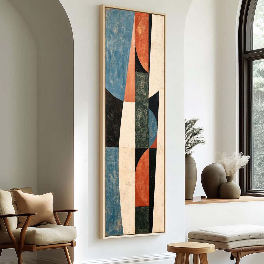 Textured curves in blue, orange and black long vertical canvas print in a sunlit living space