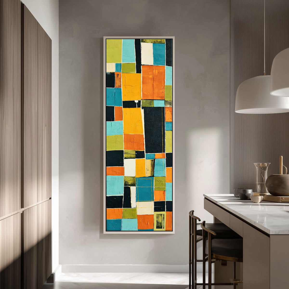 Bold mustard and teal patchwork blocks tall skinny canvas print in a modern kitchen