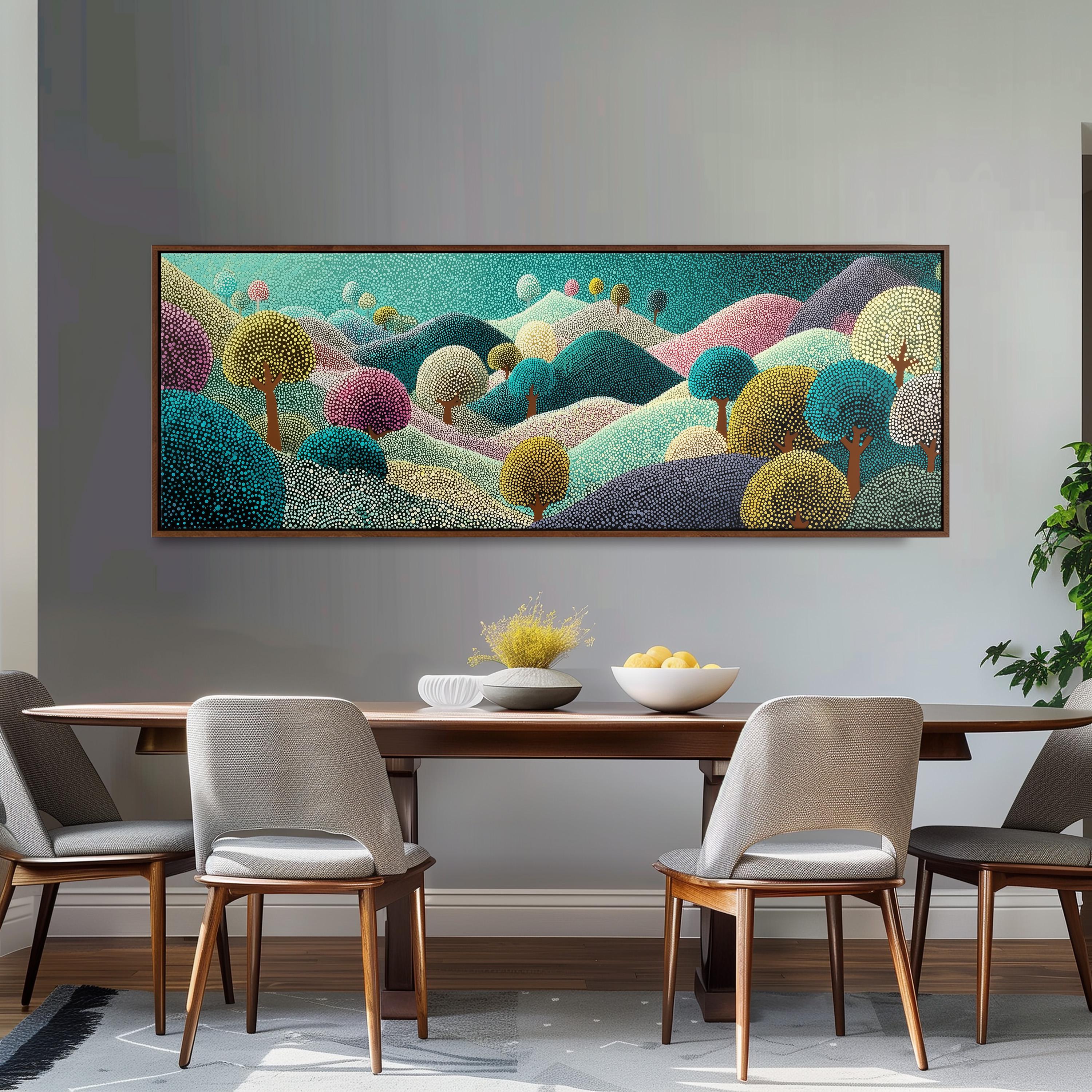 a large, colorful painting of a landscape hanging on a wall above a wooden dining table with four chairs.