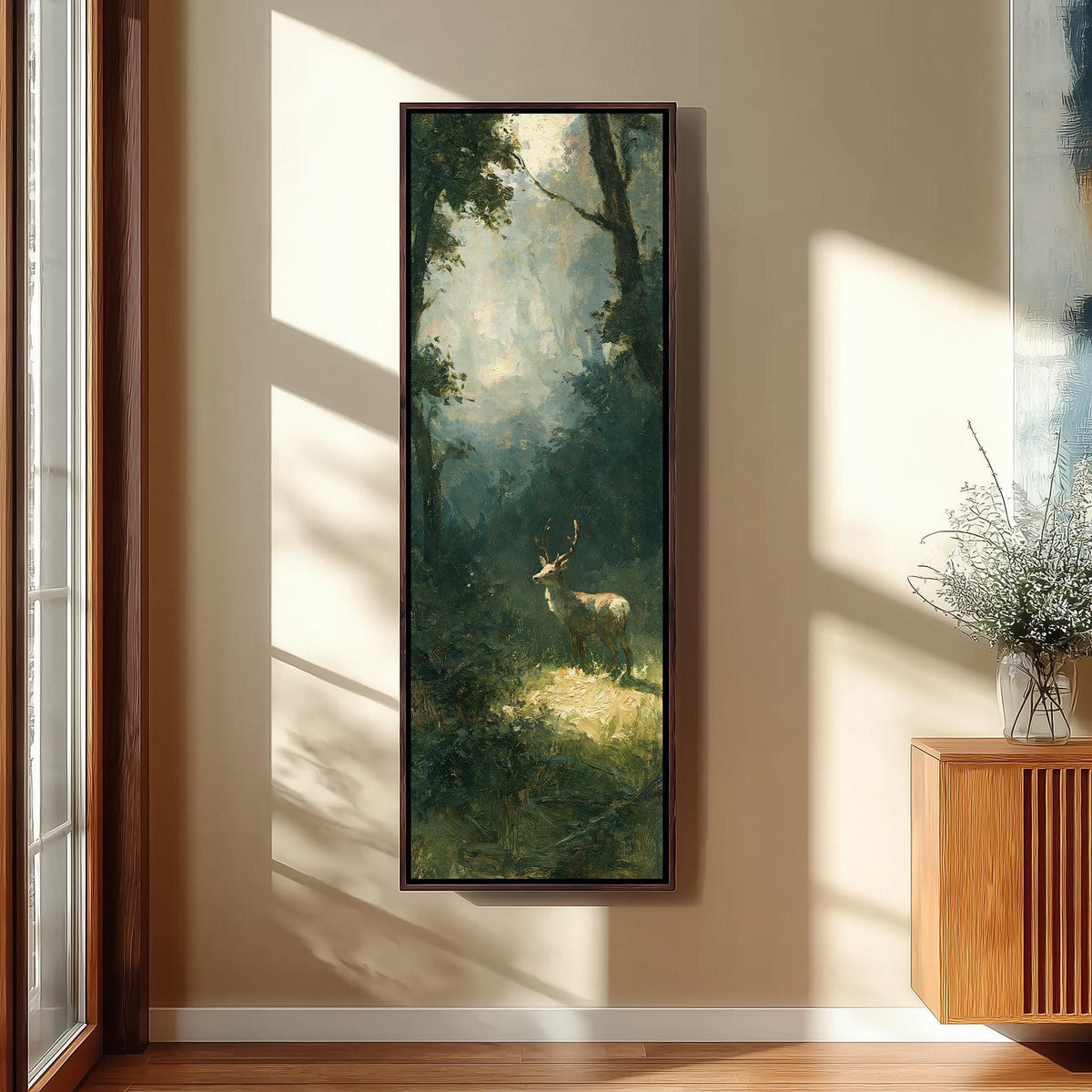 Deer in a misty forest glade tall narrow canvas print beside a staircase in an entryway