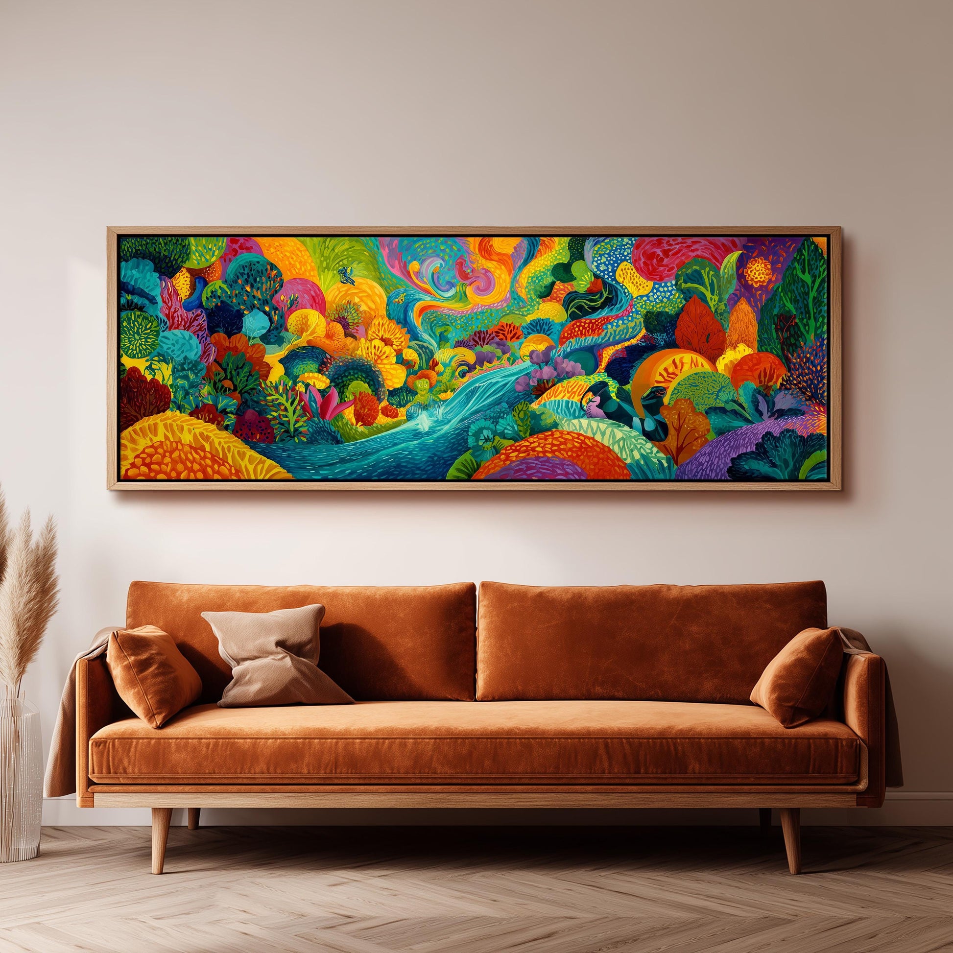 a large, vibrant painting hanging on a wall above a brown sofa in a living room setting.