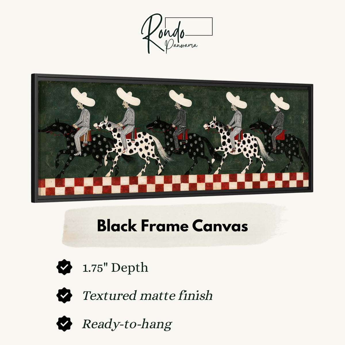 Riders in sombreros on spotted horses canvas print in a black floating frame