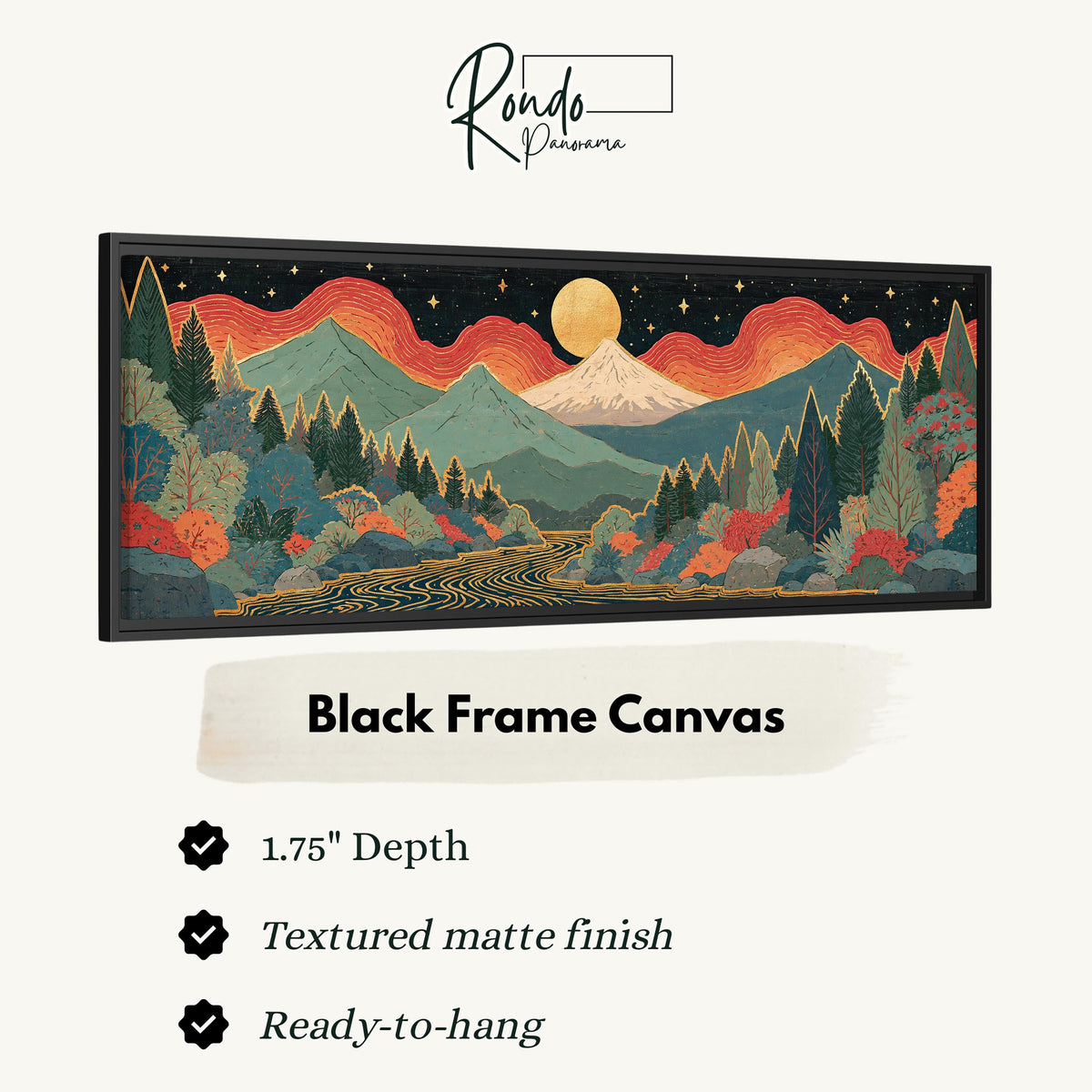 Mystic mountains under a moonrise canvas print in a black floating frame