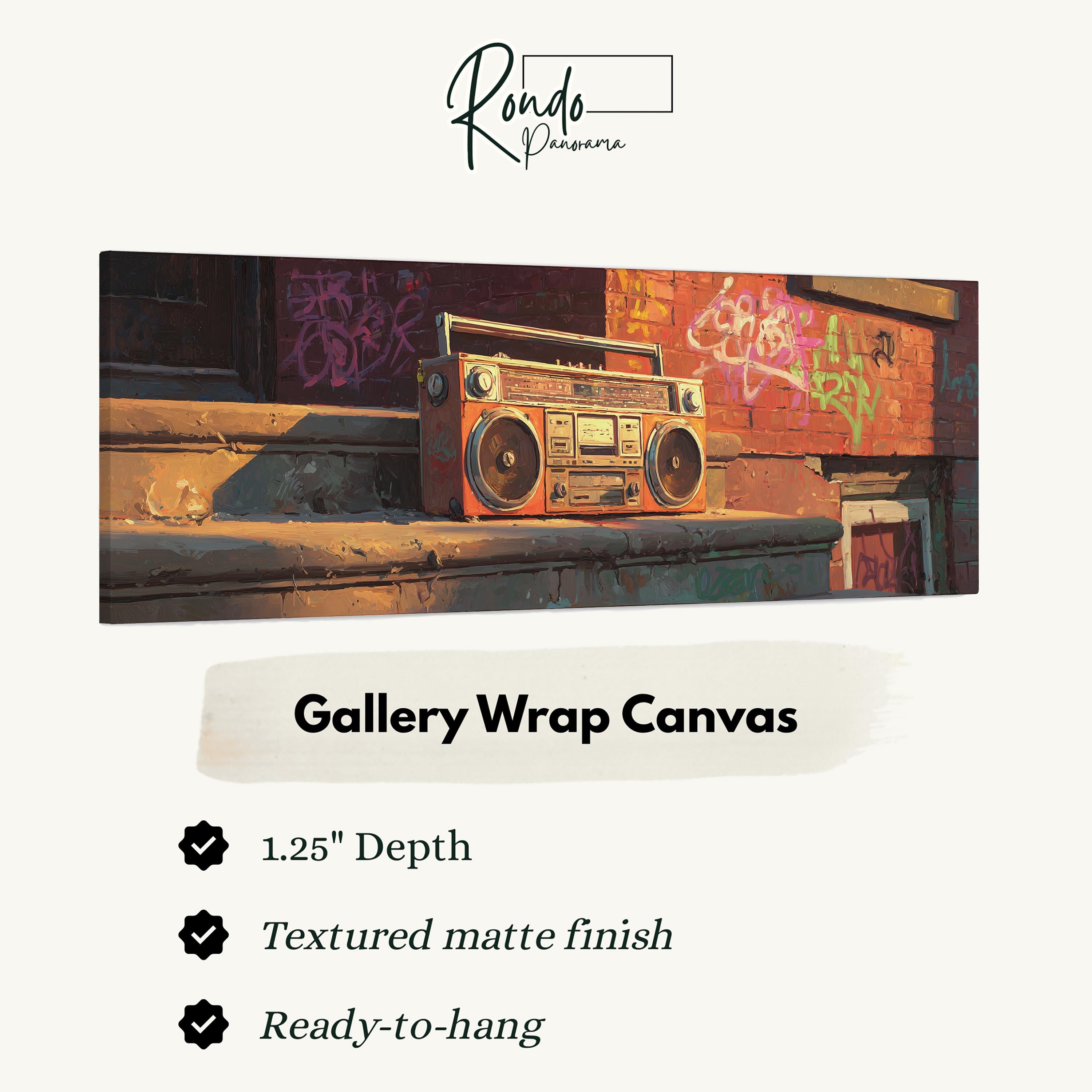 The image is a gallery wrap canvas featuring a vintage-style radio on a brick wall with graffiti.
