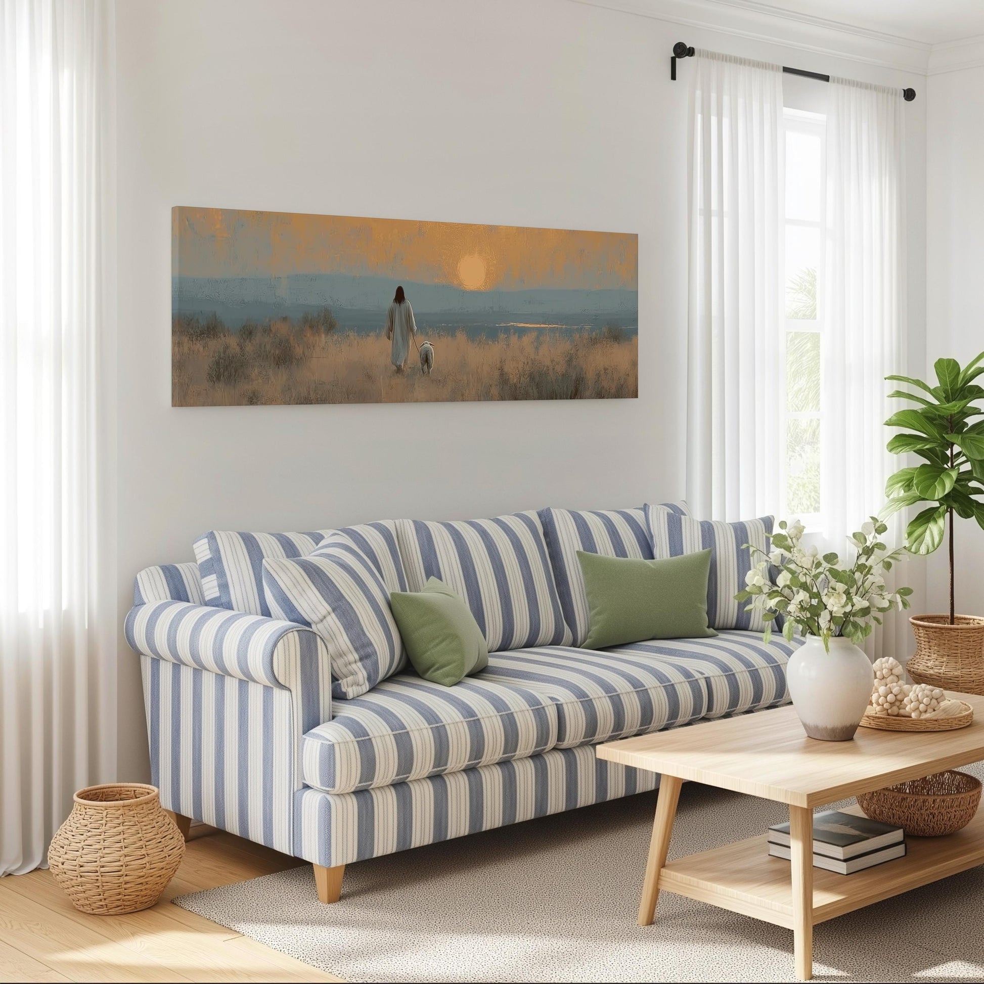 a cozy living room with a striped blue and white sofa, a wooden coffee table, and a large painting of a woman and a dog in a field. The room is decorated with a potted plant, a basket, and a vase with flowers, creating a warm and inviting atmosphere.
