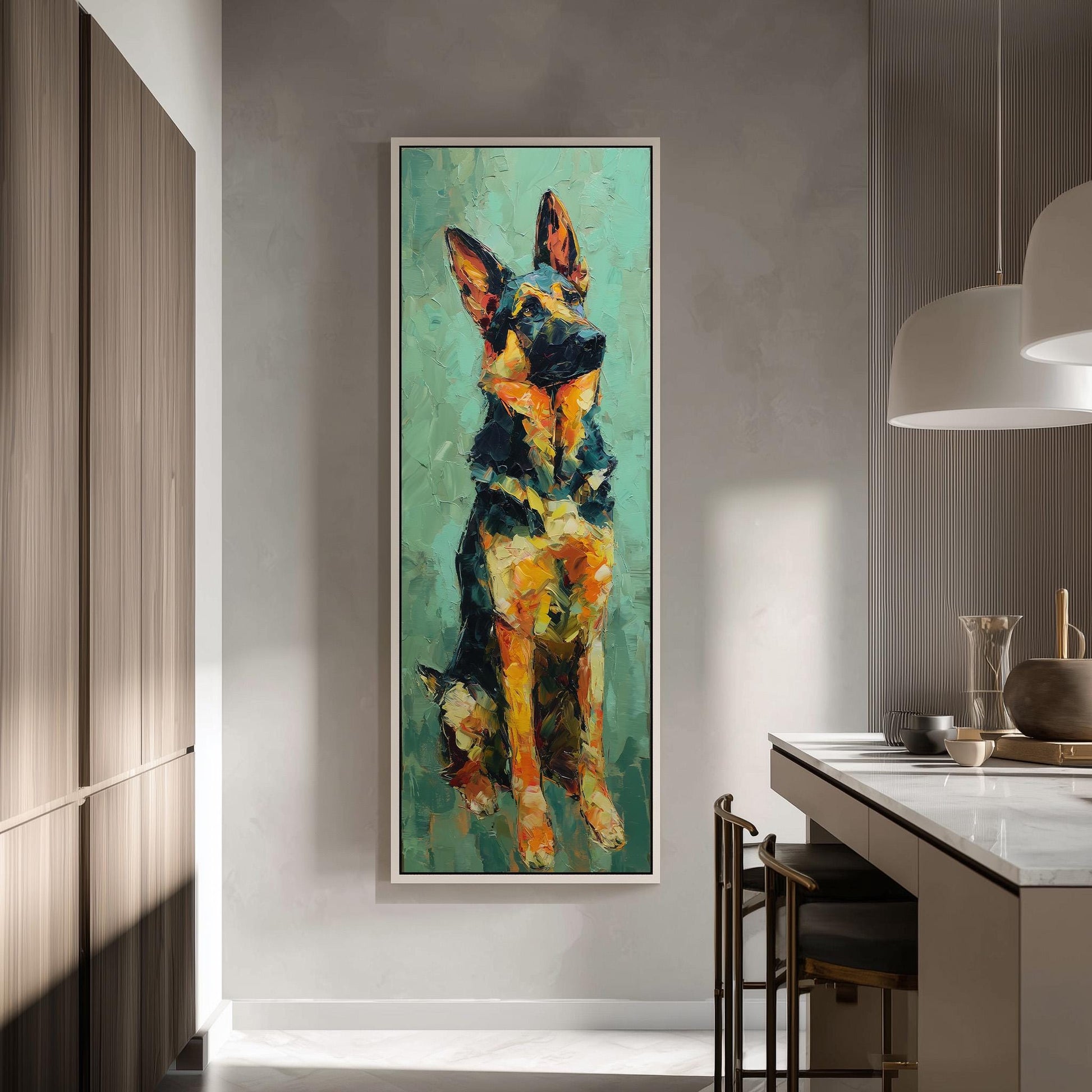 a large painting of a German Shepherd dog hanging on a wall in a modern kitchen.