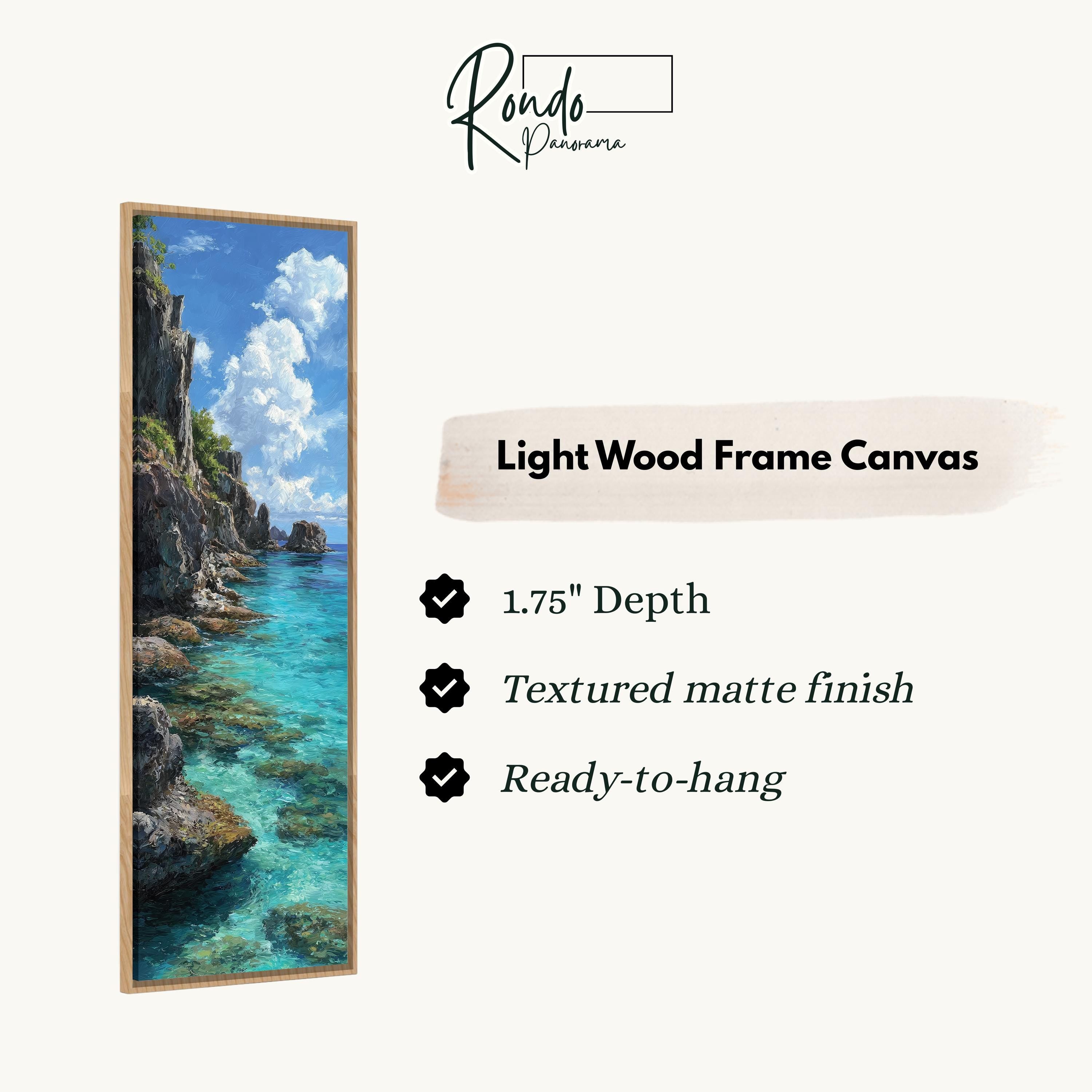 The image is a light wood frame canvas depicting a serene coastal scene with a rocky cliff overlooking a turquoise sea.