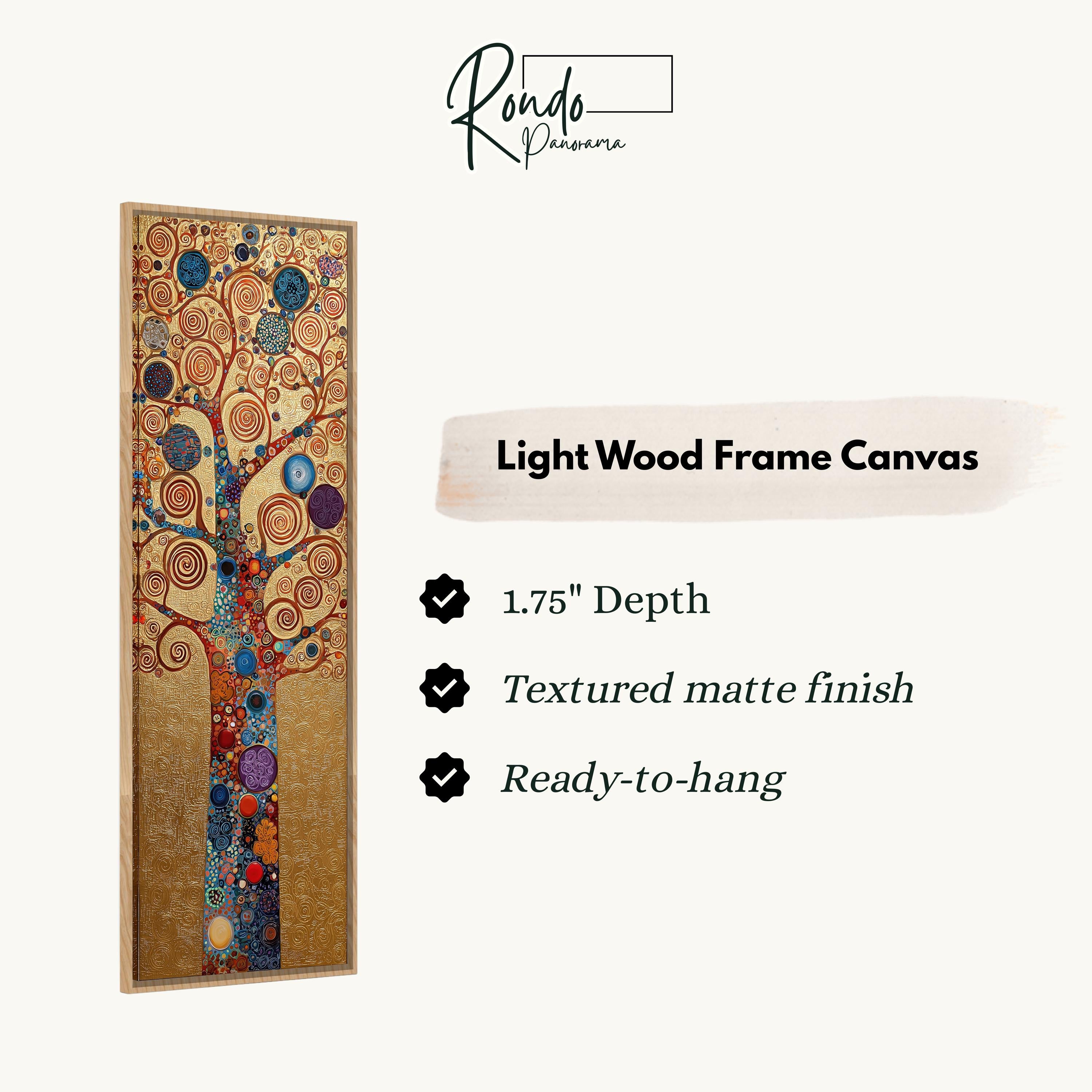 The image is a light wood frame canvas featuring a tree with a textured finish and a 1.75" depth.