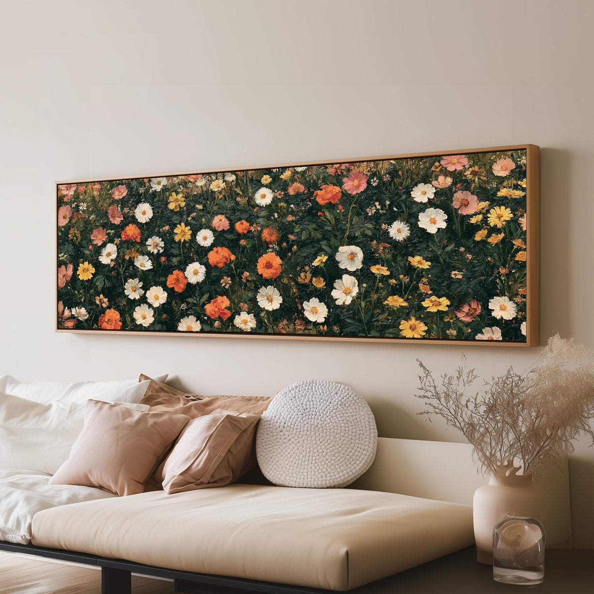 Blooming floral tapestry on dark green long horizontal canvas print above a sofa in a living room
