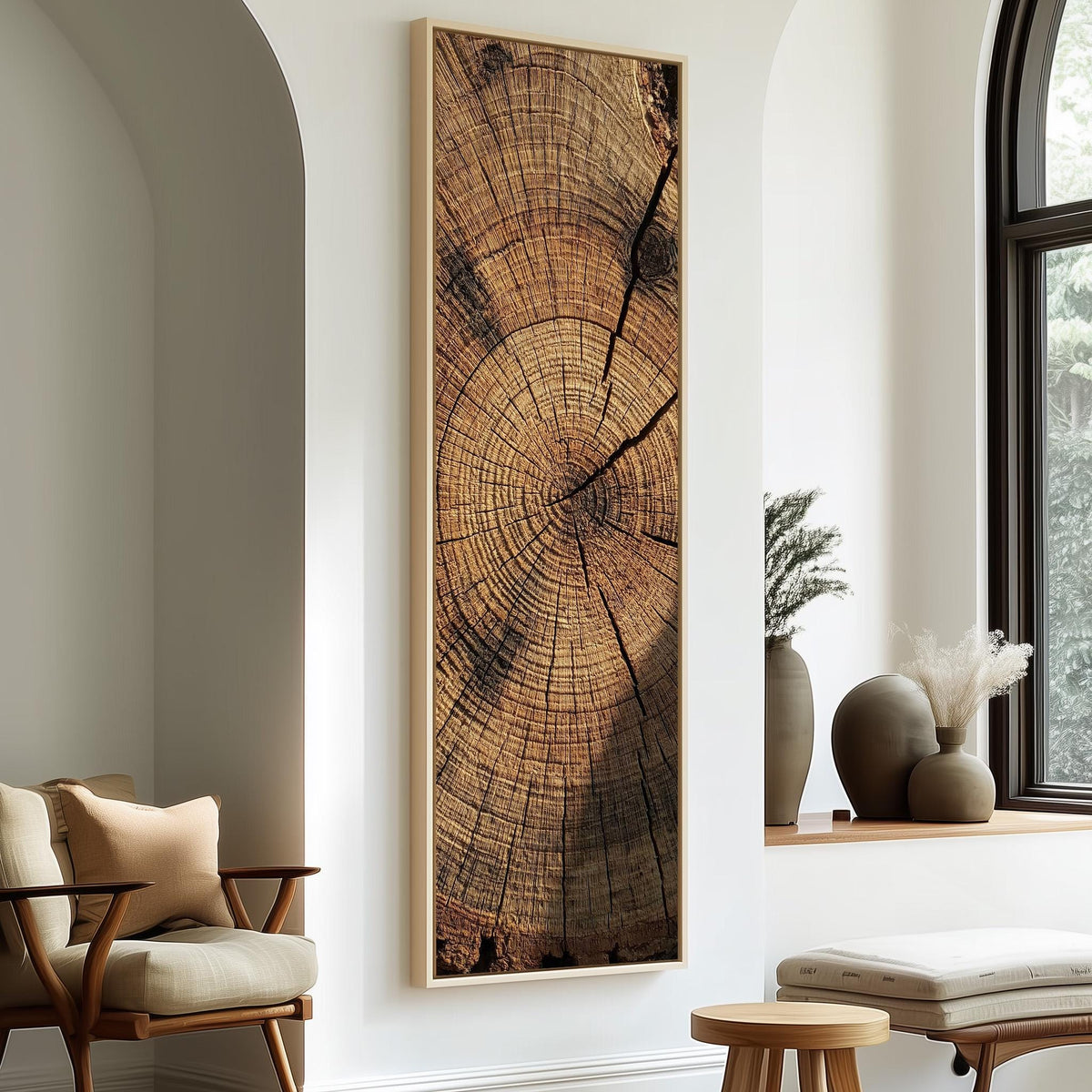 Weathered tree rings tall skinny canvas print in a sunlit living space