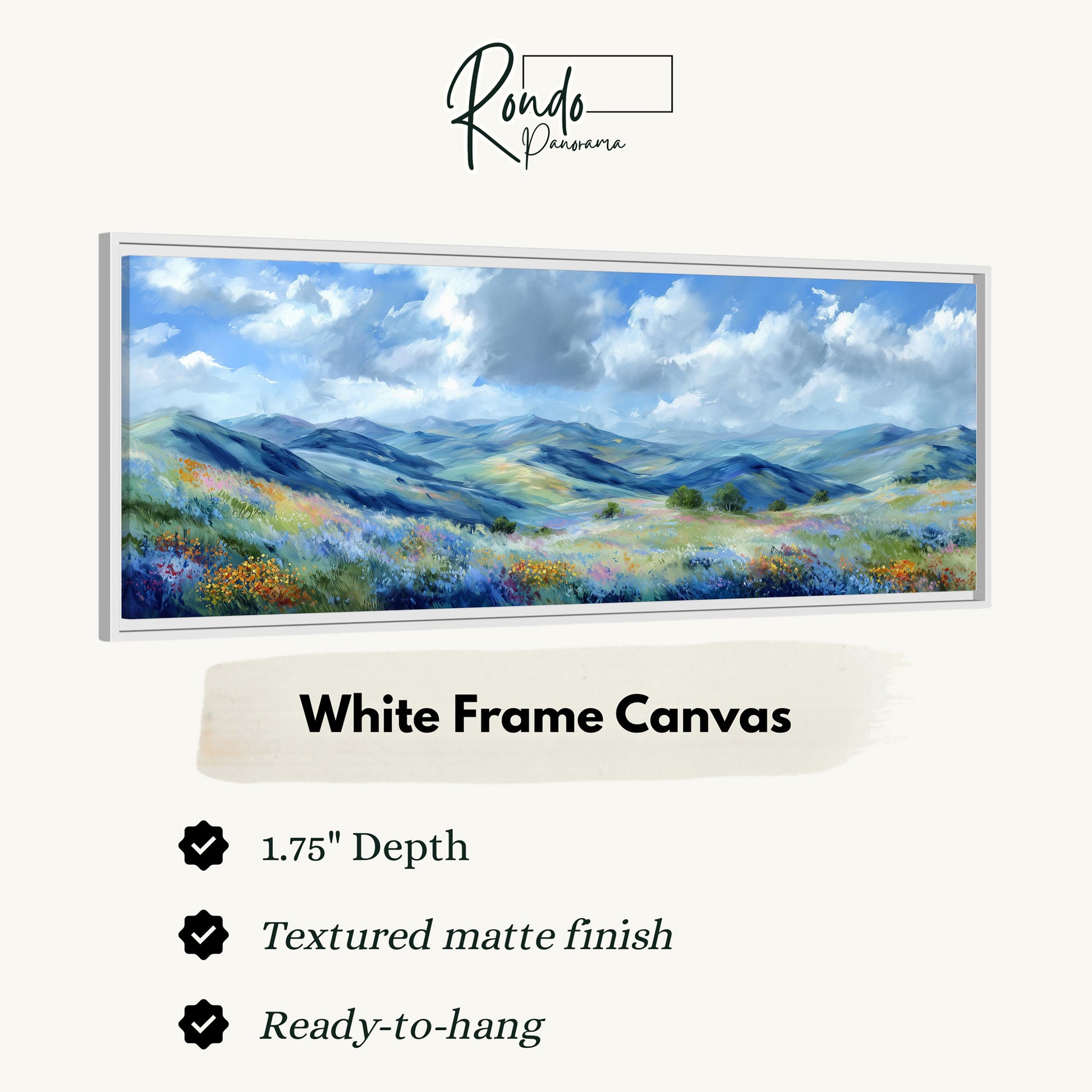 The image is a white frame canvas depicting a landscape with mountains, flowers, and a blue sky with clouds.