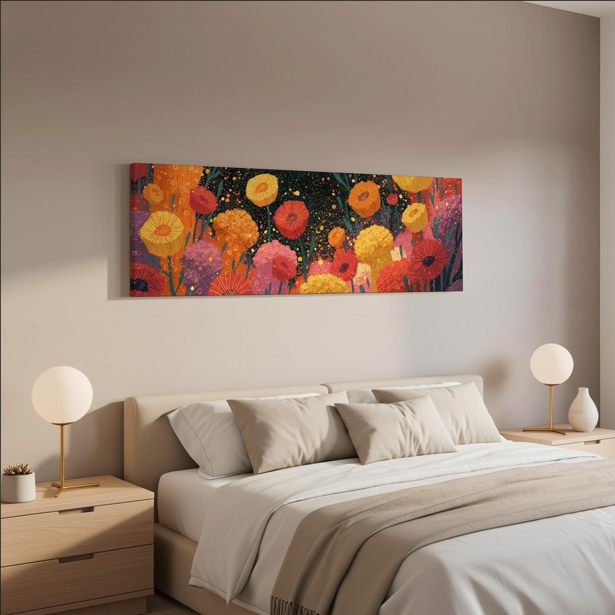 Confetti poppy field wide panoramic canvas print above a bed in a neutral bedroom