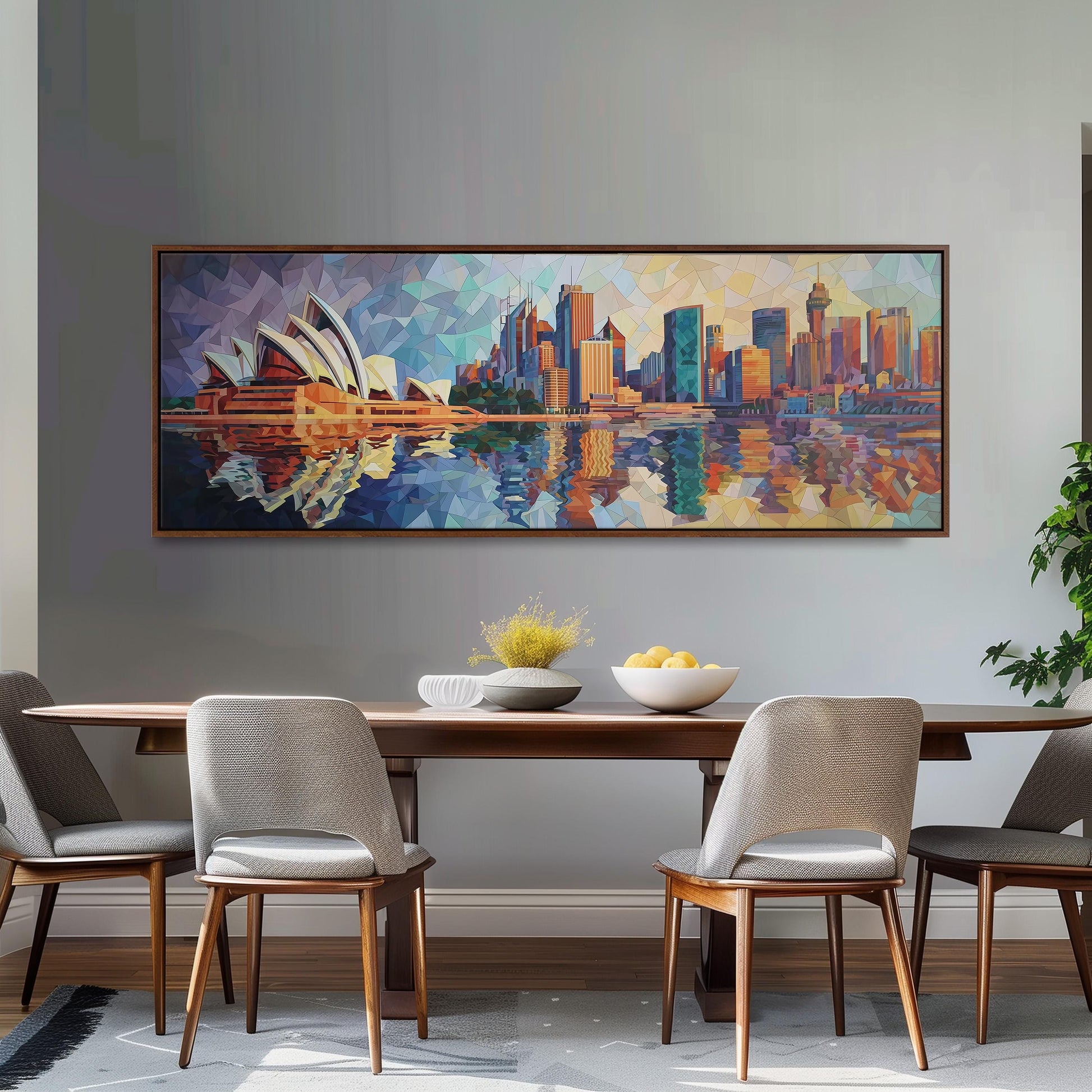 a large painting of the Sydney Opera House and the city skyline, hanging on a wall above a wooden dining table with four chairs.