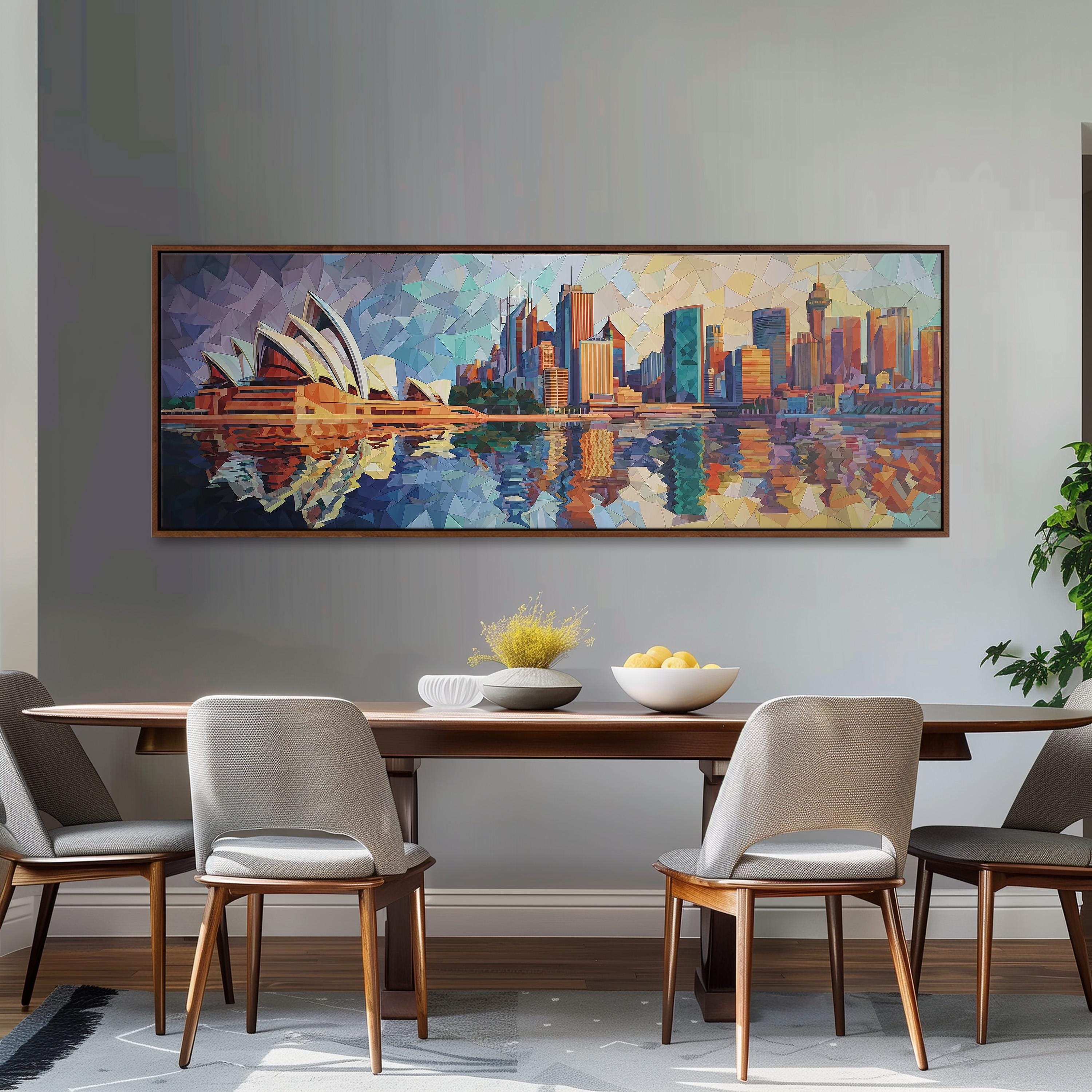 a large painting of the Sydney Opera House and the city skyline, hanging on a wall above a wooden dining table with four chairs.