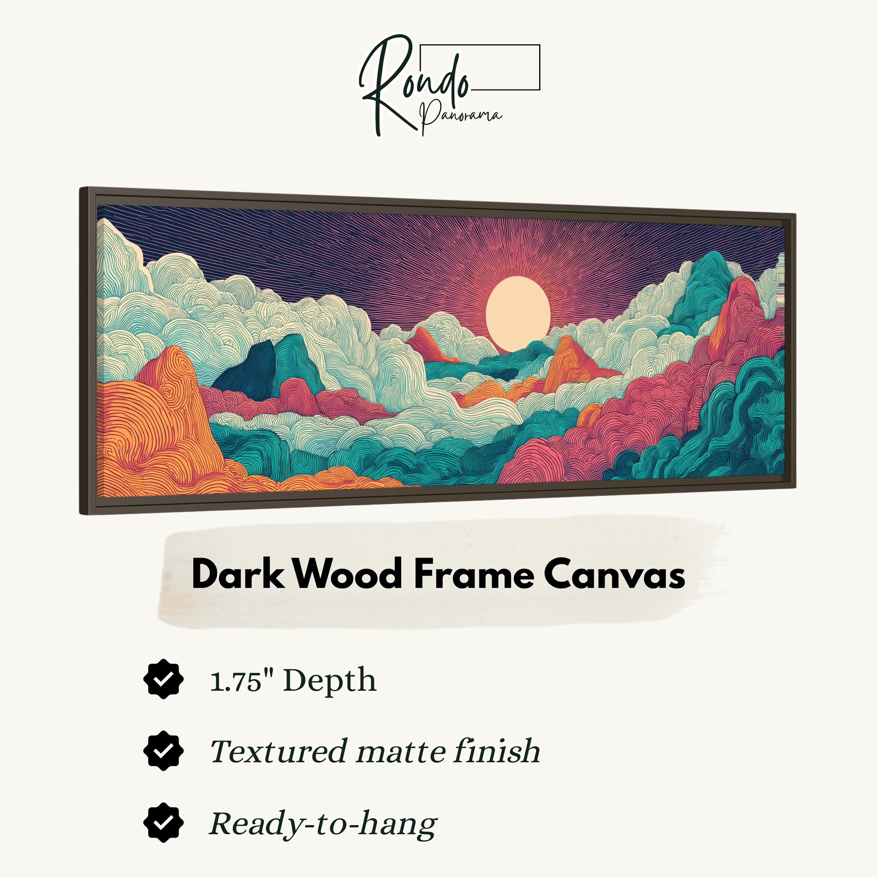 The image is a framed canvas depicting a landscape with mountains, clouds, and a sunset.