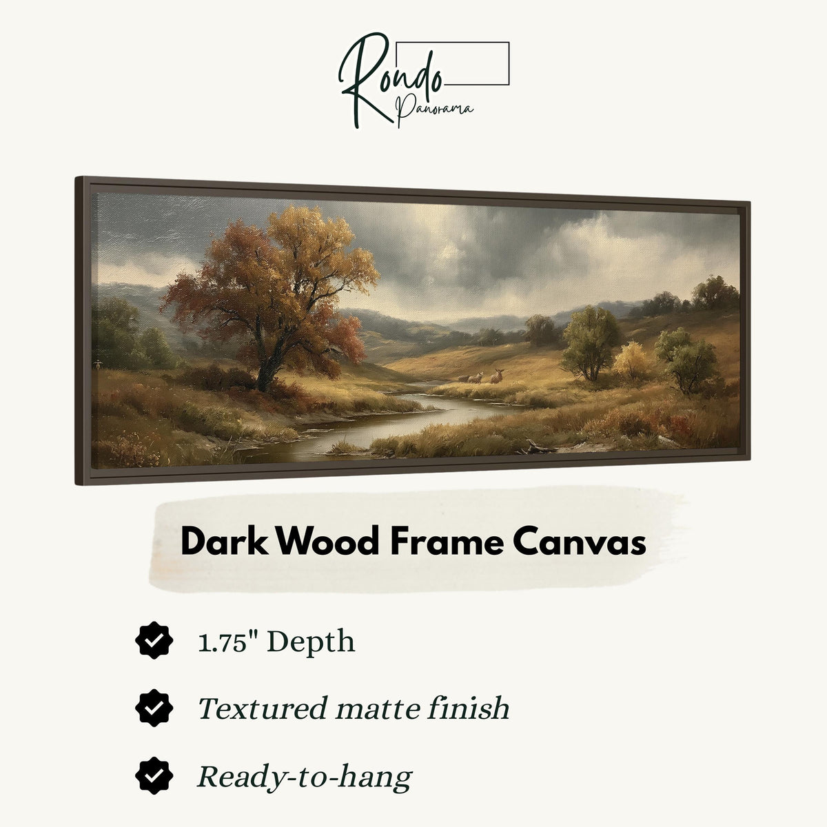 Autumn river valley under a stormy sky canvas print in a dark wood floating frame
