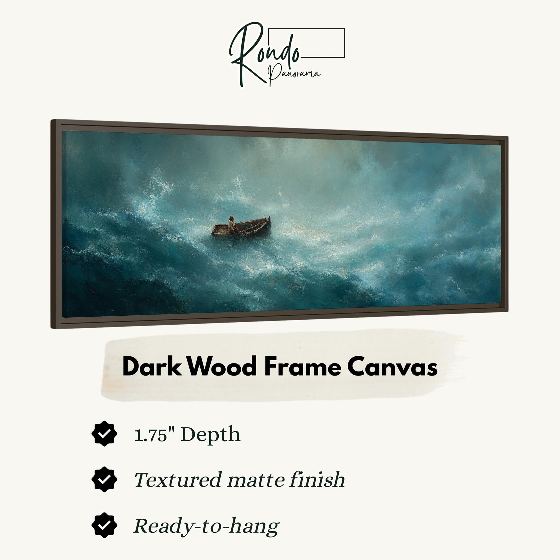 The image is a dark wood frame canvas depicting a boat in rough seas, with a textured matte finish and 1.75" depth.
