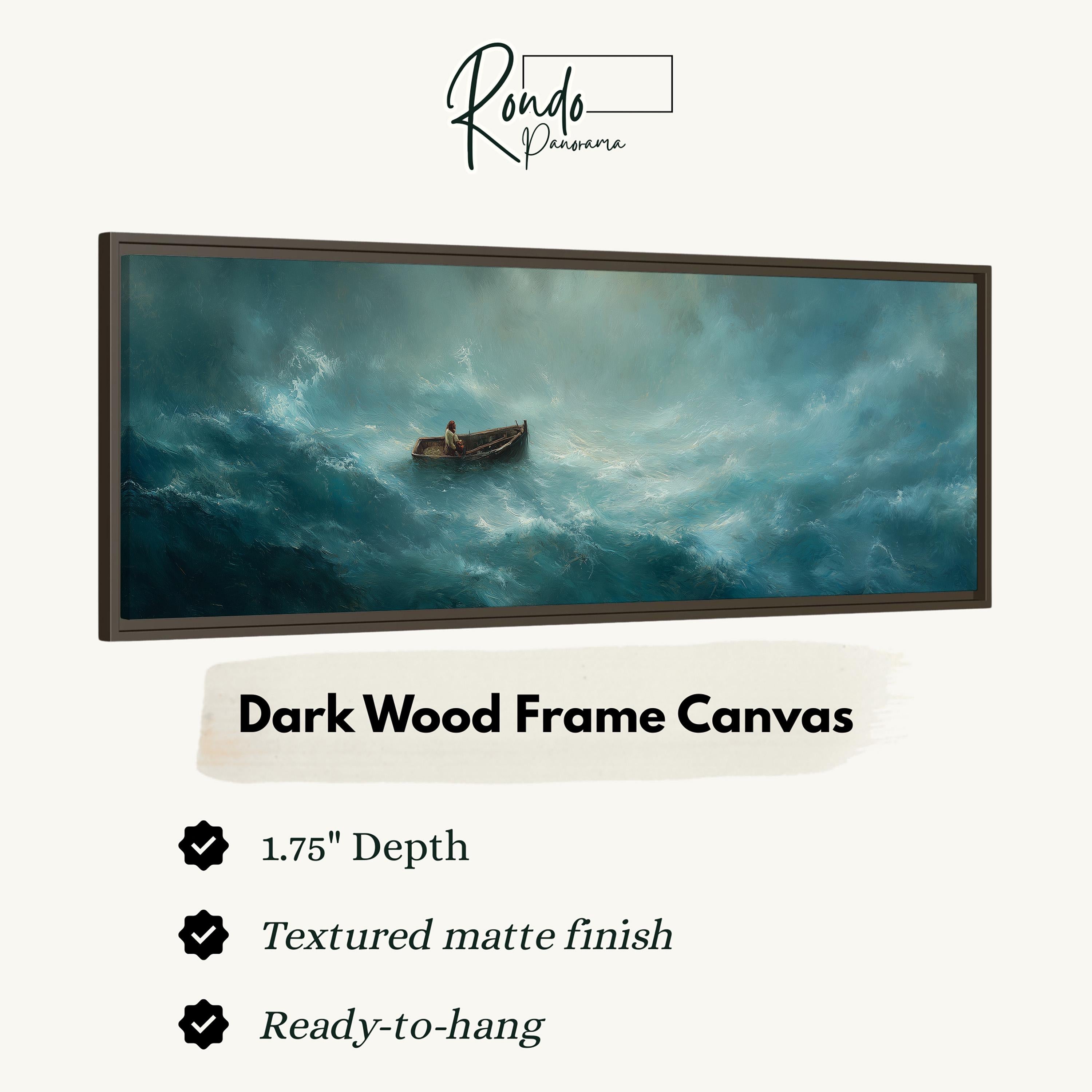 The image is a dark wood frame canvas depicting a boat in rough seas, with a textured matte finish and 1.75" depth.