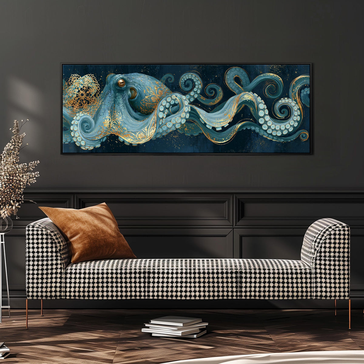 Blue and gold octopus wide panoramic canvas print above a bench in a dark living room
