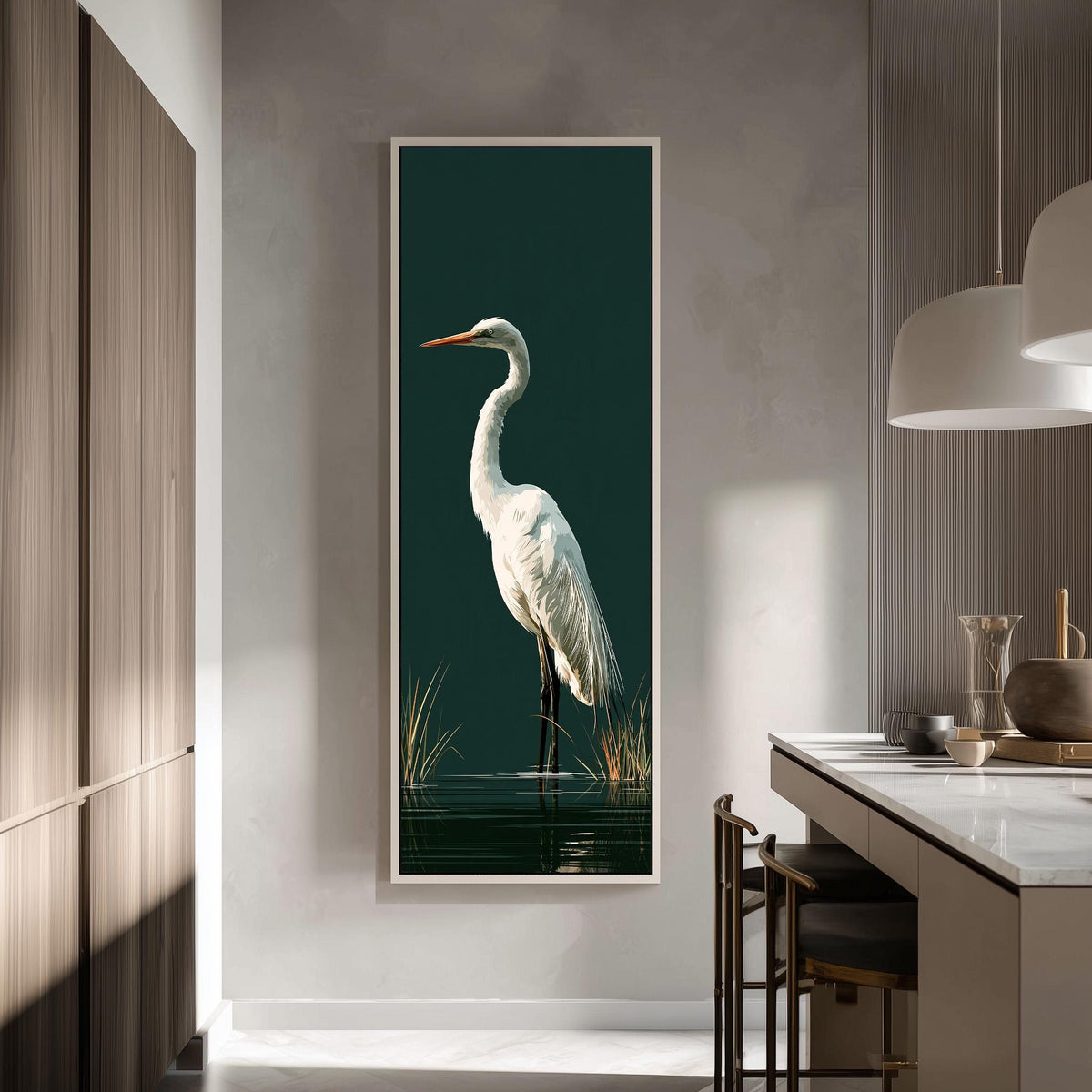 Great egret standing on dark green tall skinny canvas print in a modern kitchen