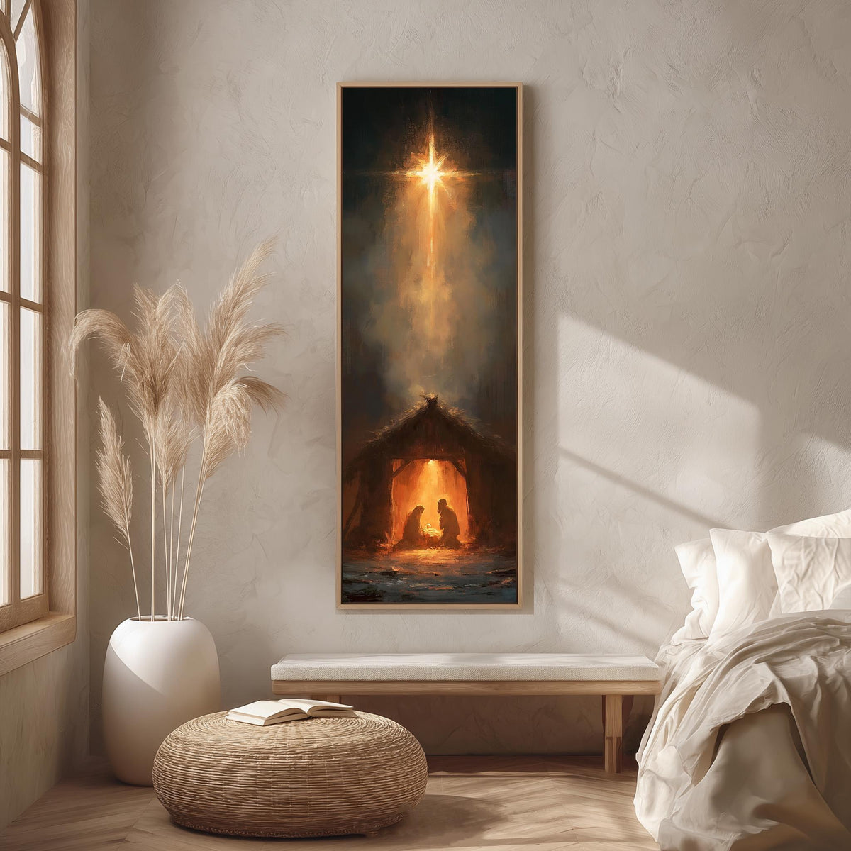 Star of Bethlehem shining over the manger long vertical canvas print in a bright reading corner