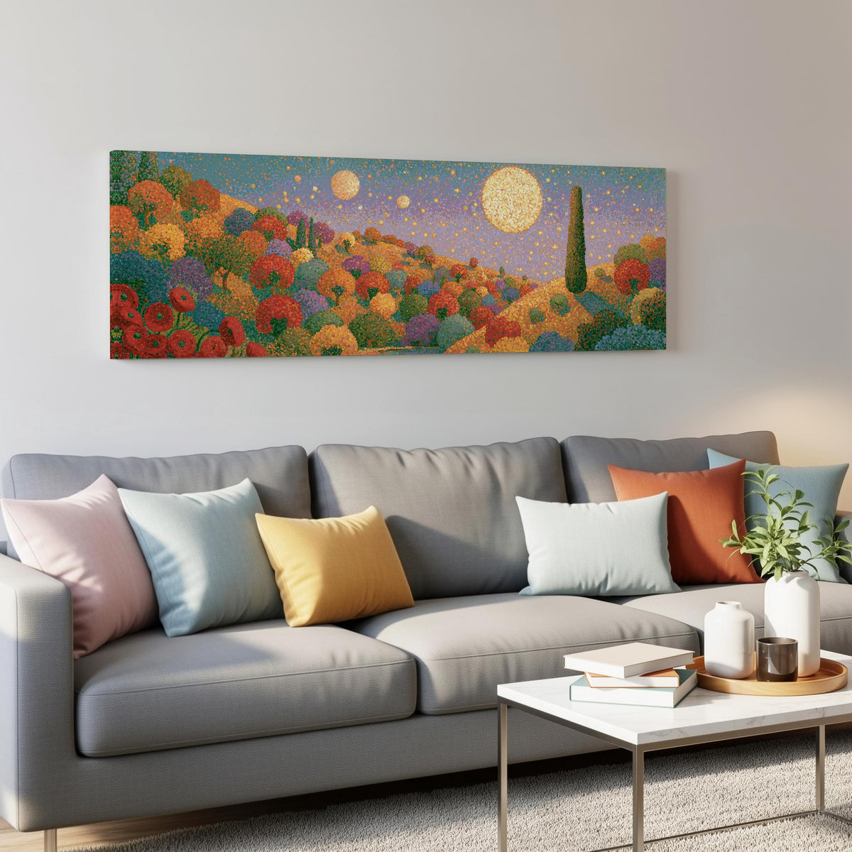 Autumn hillside under glowing moons panoramic canvas print above a grey sofa in a living room