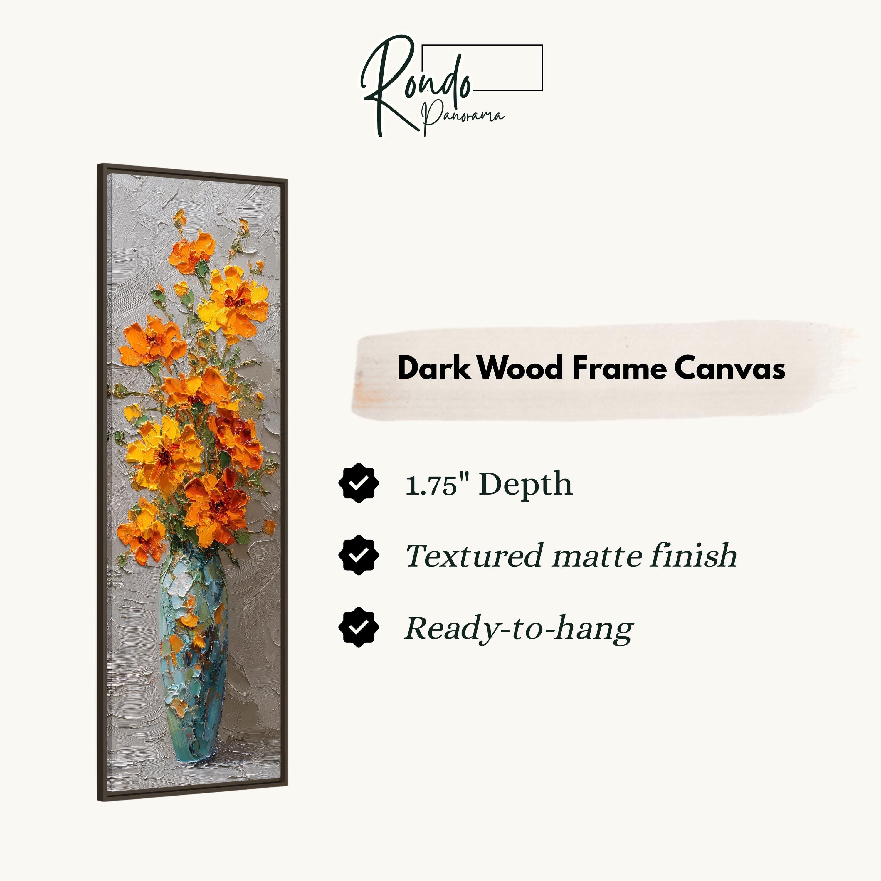 The image is a dark wood frame canvas featuring a vase of orange flowers.