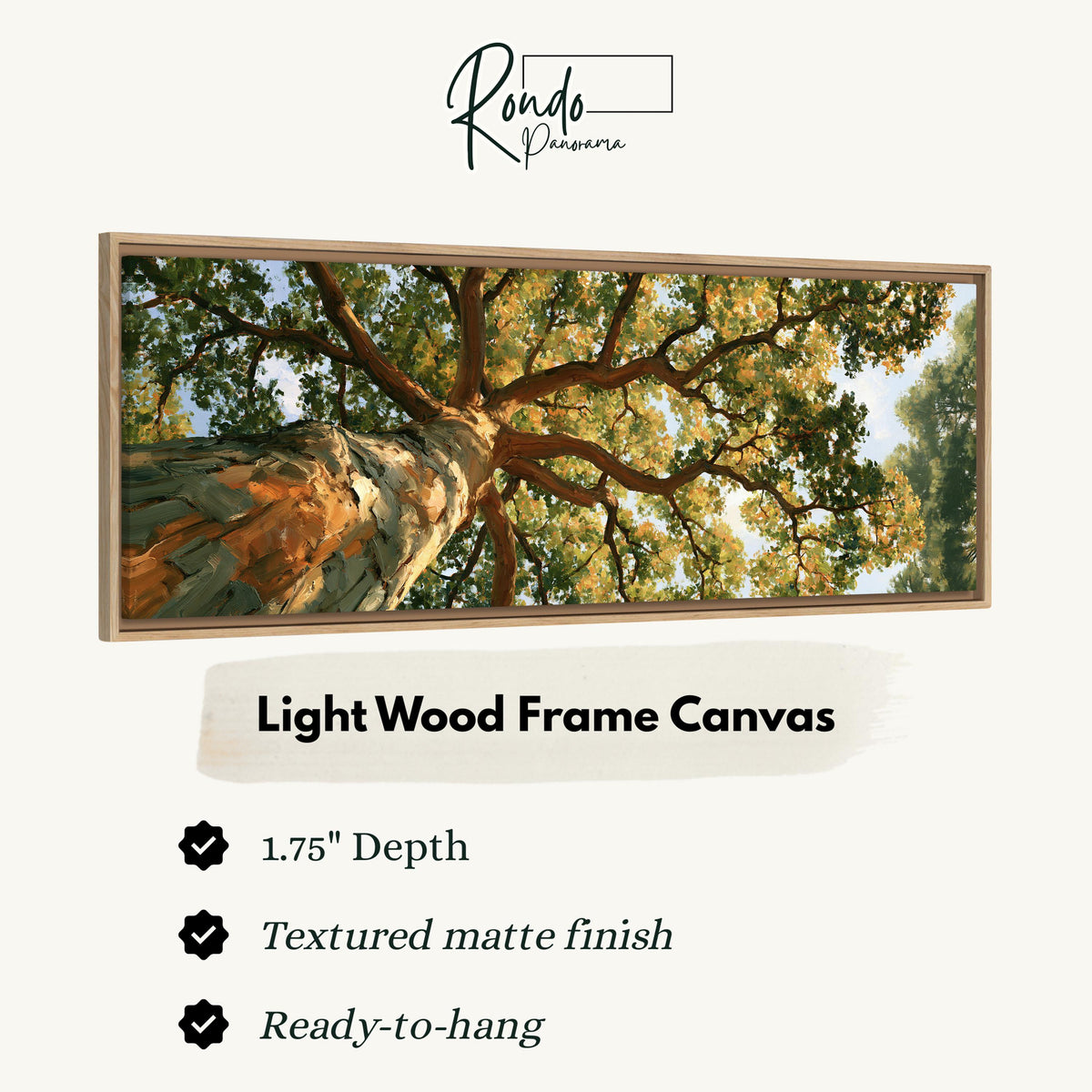 Autumn oak canopy seen from below canvas print in a light wood floating frame